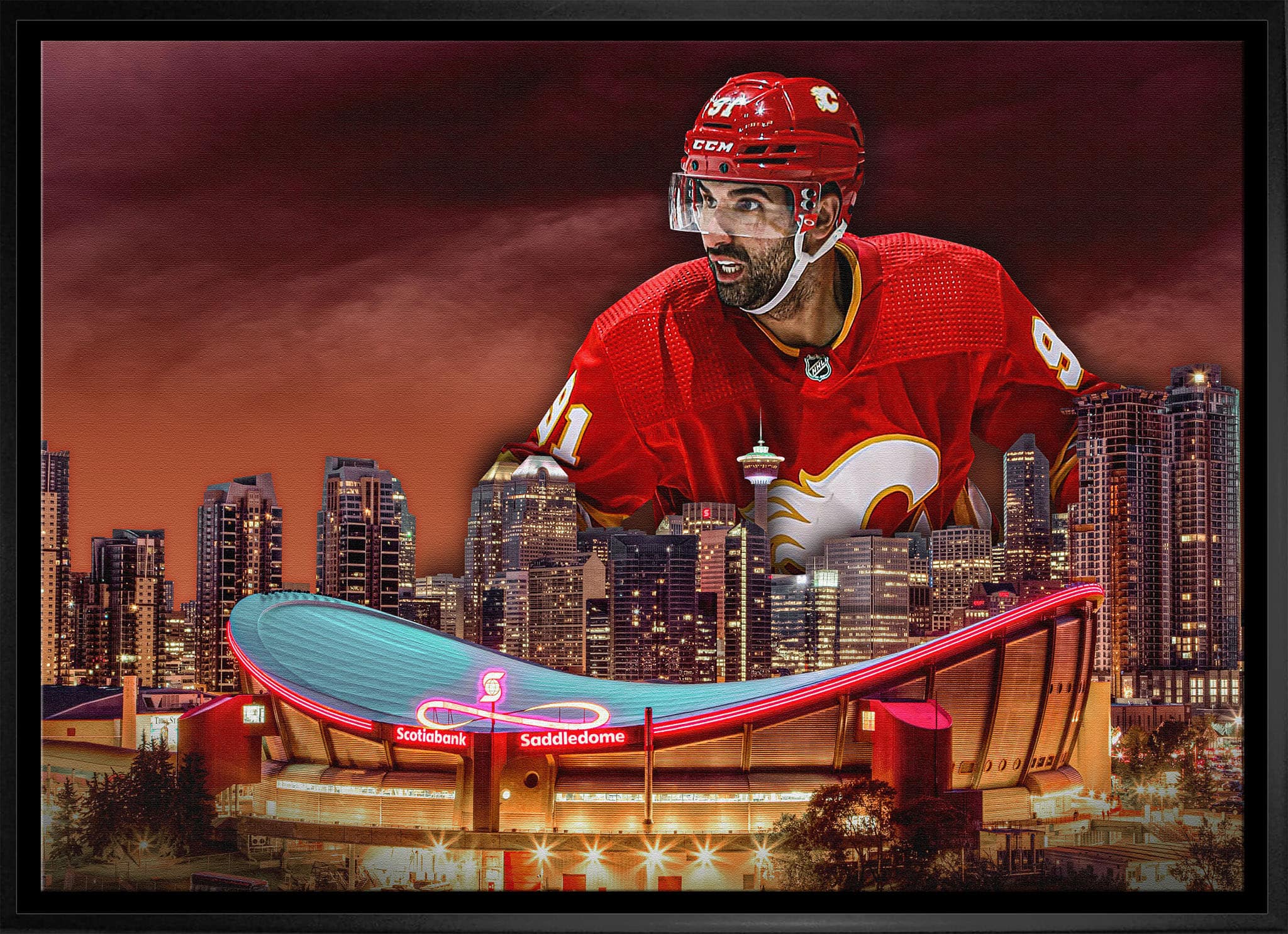 Nazem Kadri 20" x 29" Framed Canvas Flames Skyline-H 31.5" x 22.5"