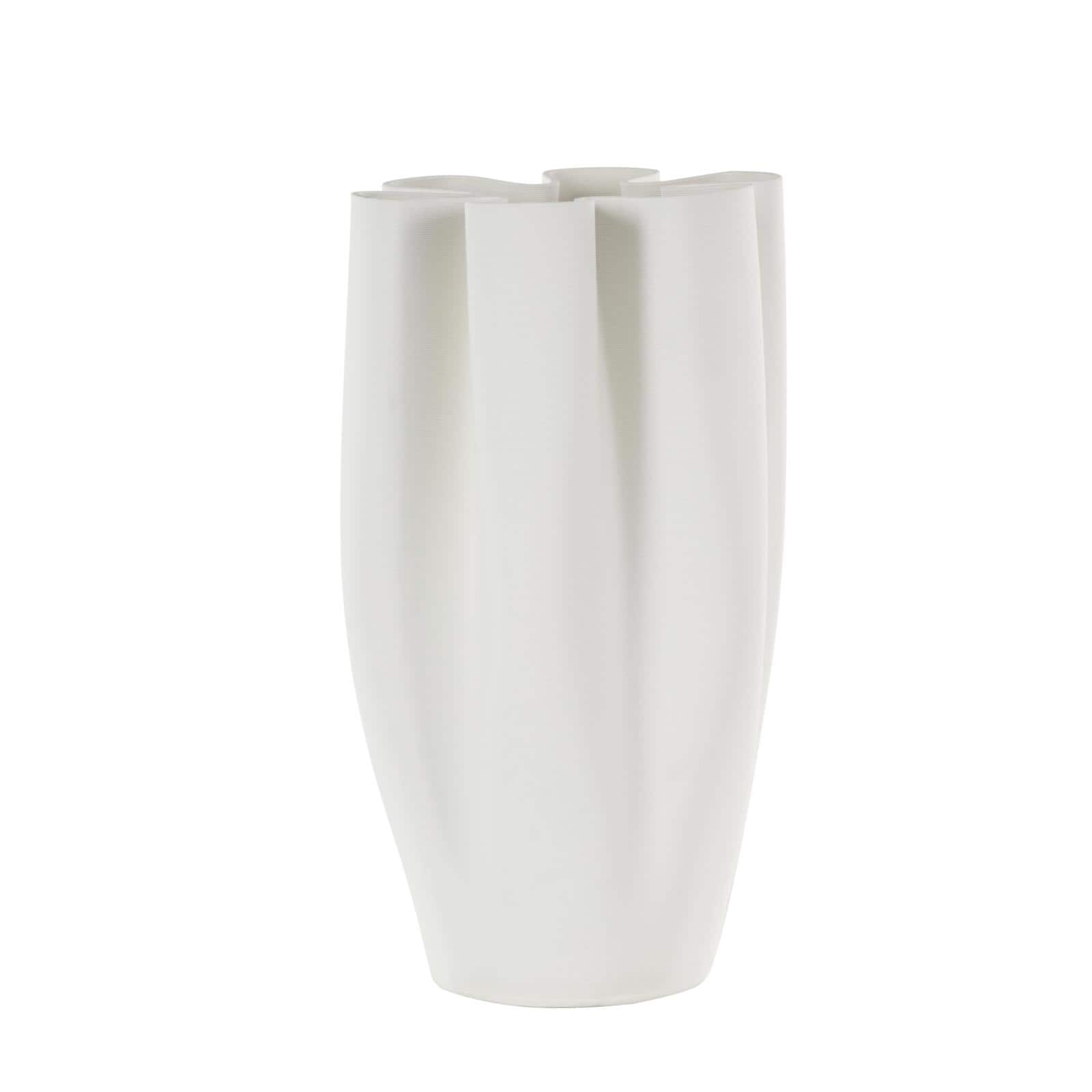 White Ceramic Abstract Ribbed Dimensional Folded Vase with Floral Shaped Rim