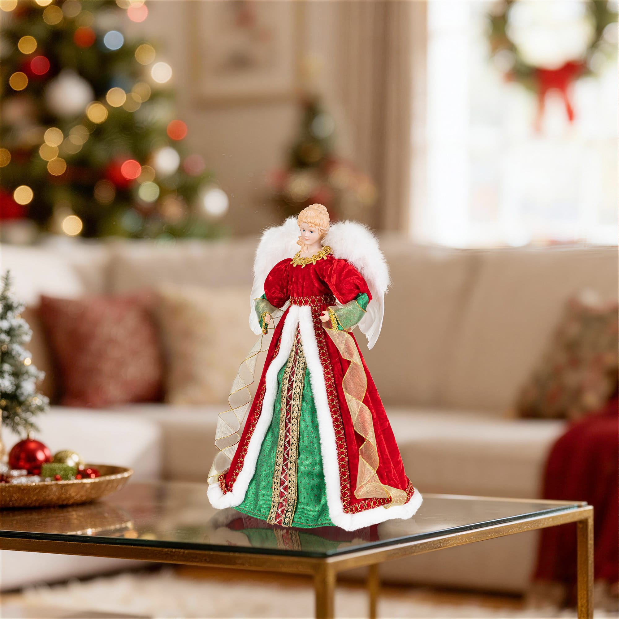 Glitzhome® 18" Faux Fur & PVC Traditional Christmas Angel Tree Topper with Porcelain Face
