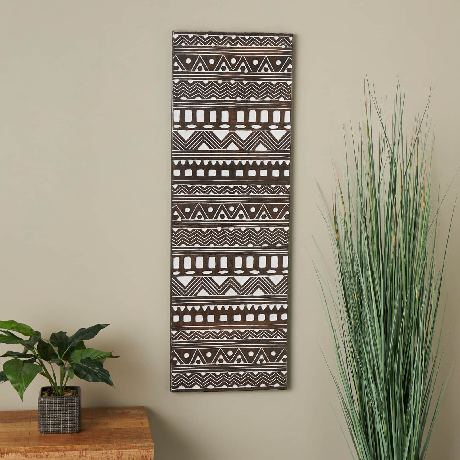 48" x 16" Brown Wood Handmade Intricately Carved Tribal Wall Décor