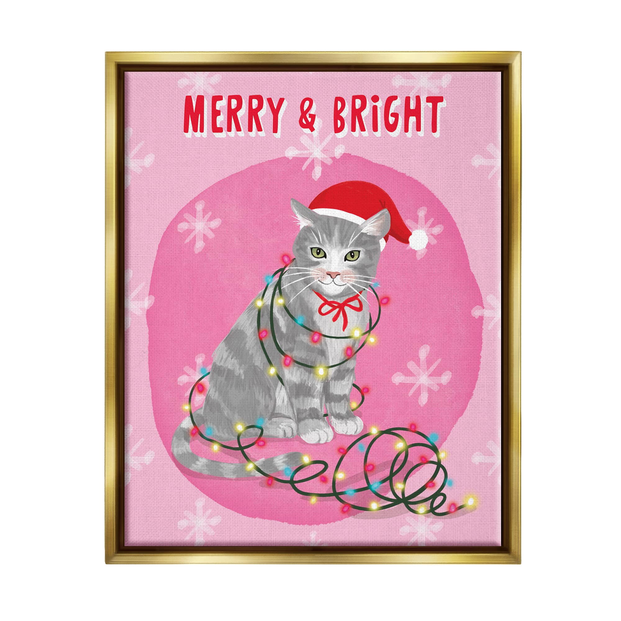 Stupell Industries Merry & Bright Christmas Cat Framed Floater Canvas Wall Art