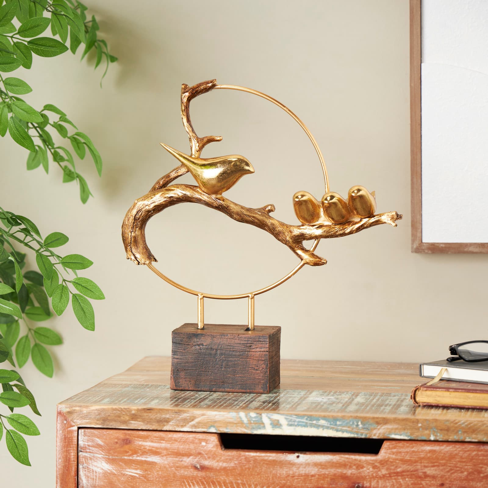 16" Gold Polystone Bird Family On A Branch Sculpture with Brown Block Base