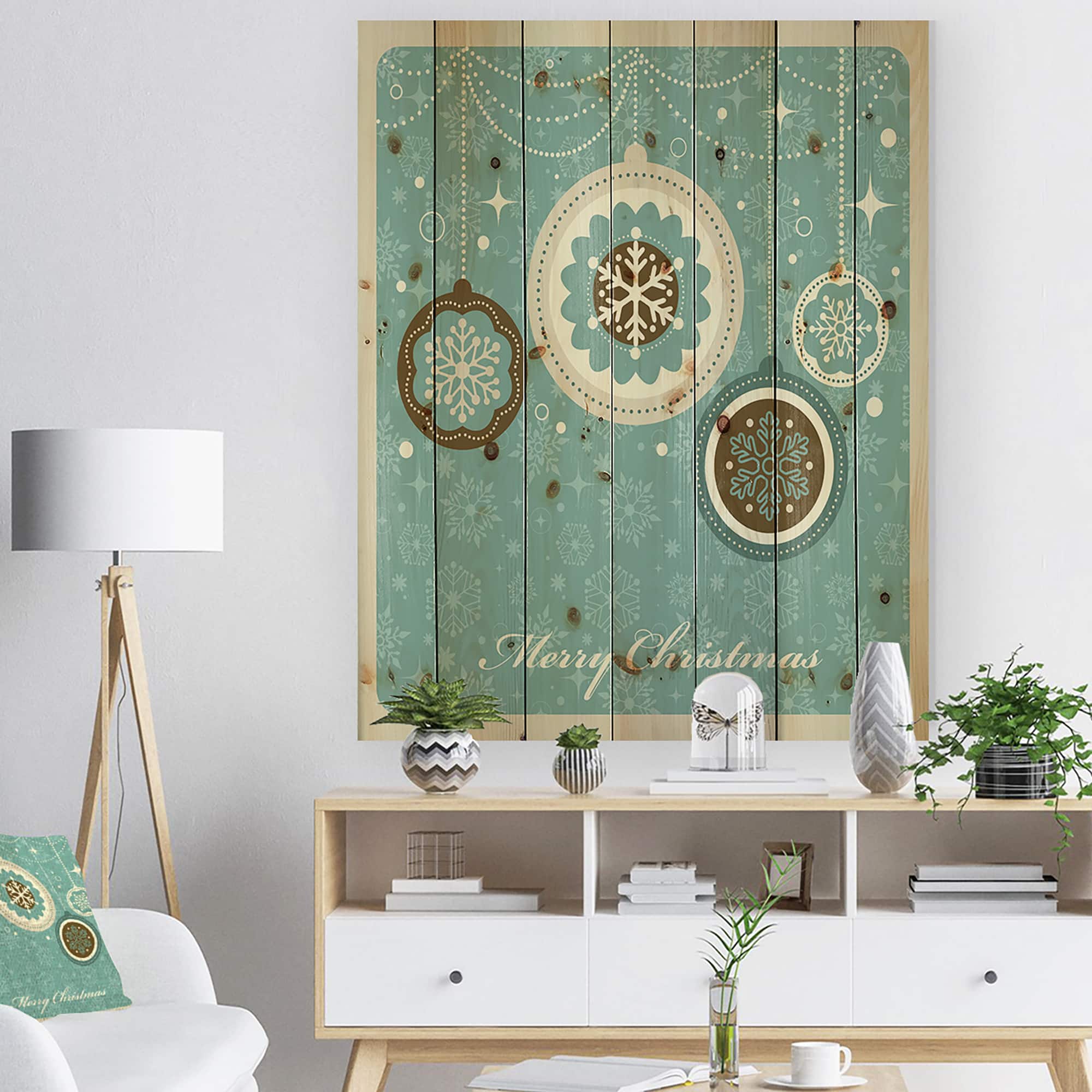 Designart Merry Christmas Tree Ball Print on Natural Pine Wood