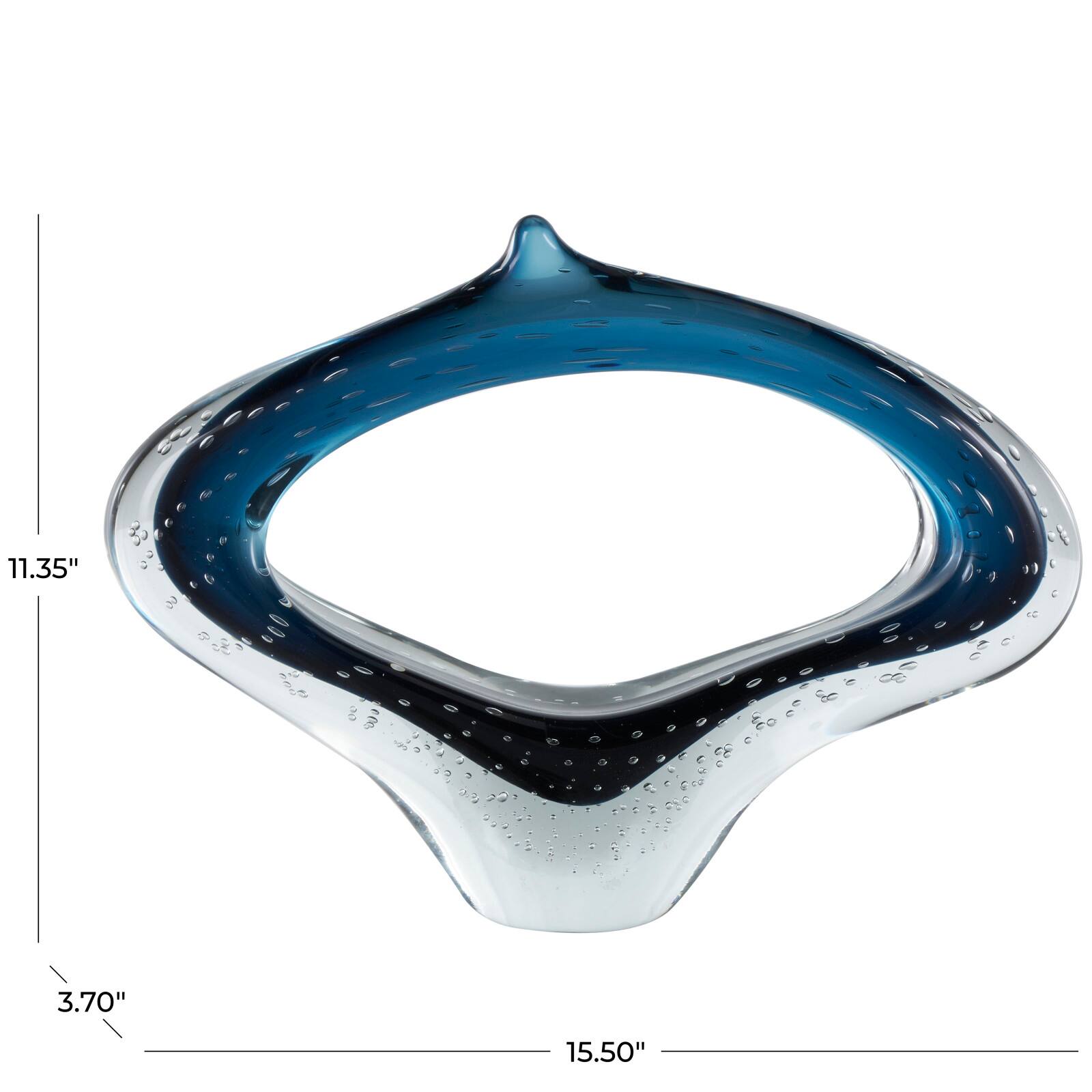 15.5" Wide Dark Blue Abstract Glass Sculpture with Bubble Texture