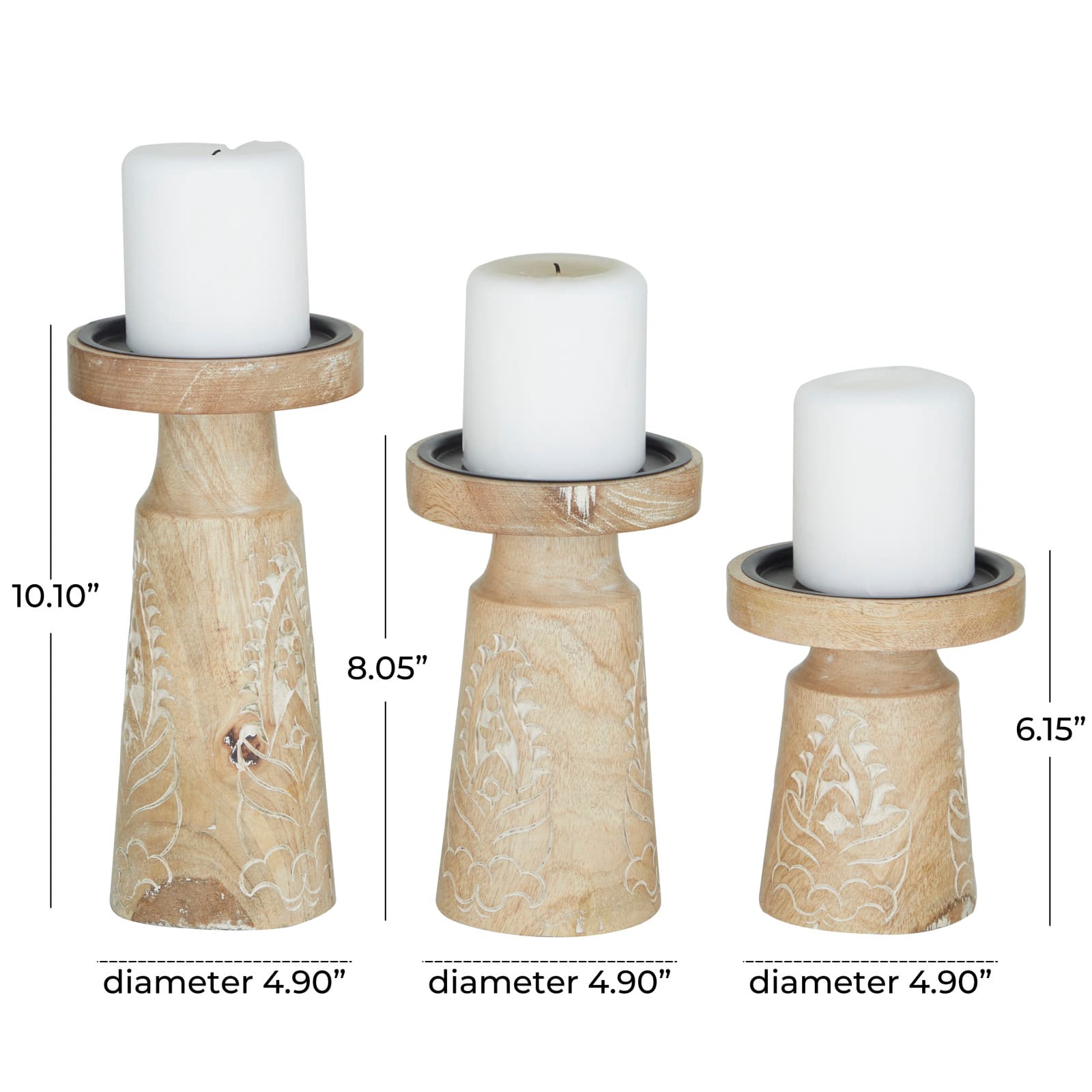 Mango Wood Round Carved Pillar Floral Candle Holder Set