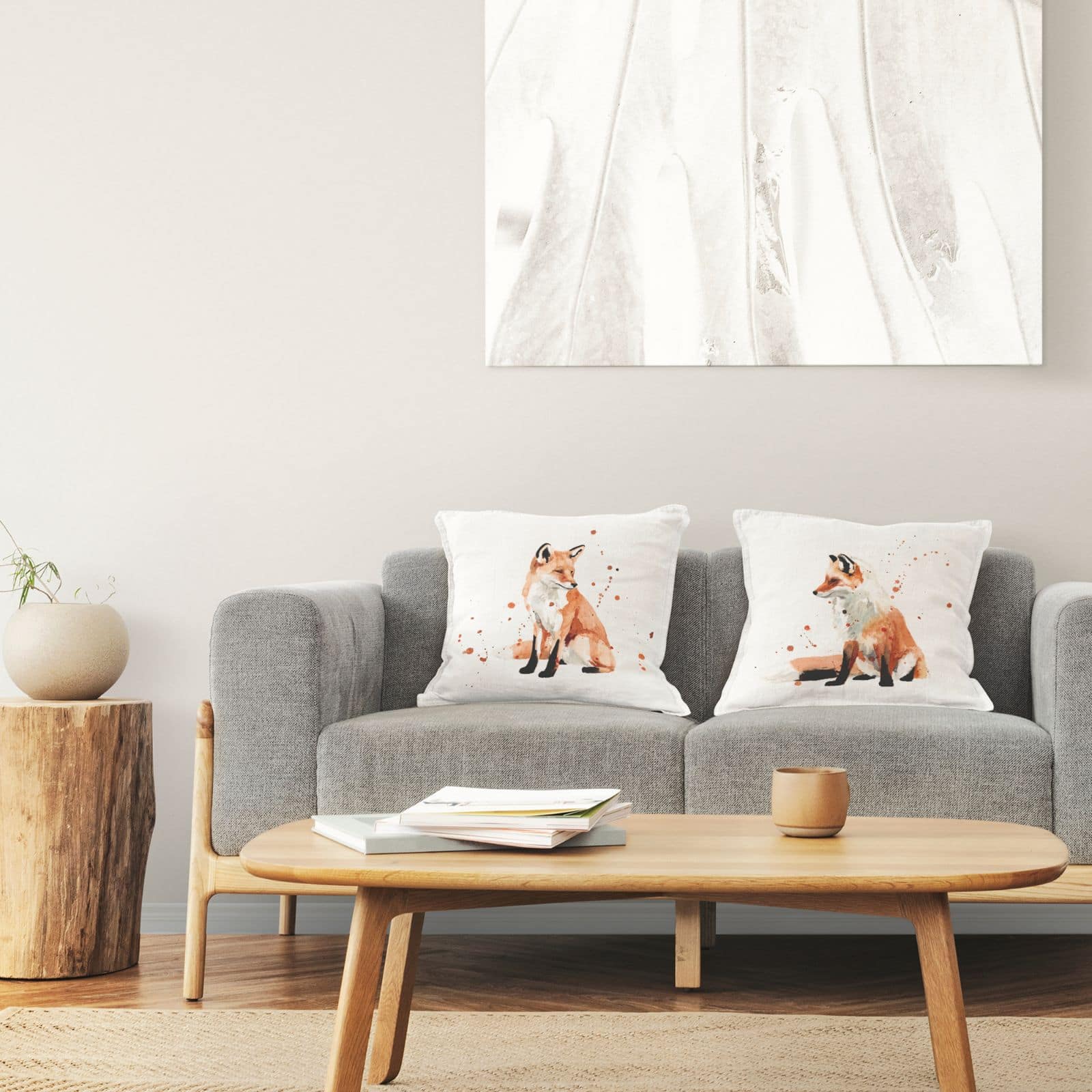 Stupell Industries Sitting Red Fox Urban Splatter Nature Animal 2 Pillow Set, 18" x 18"