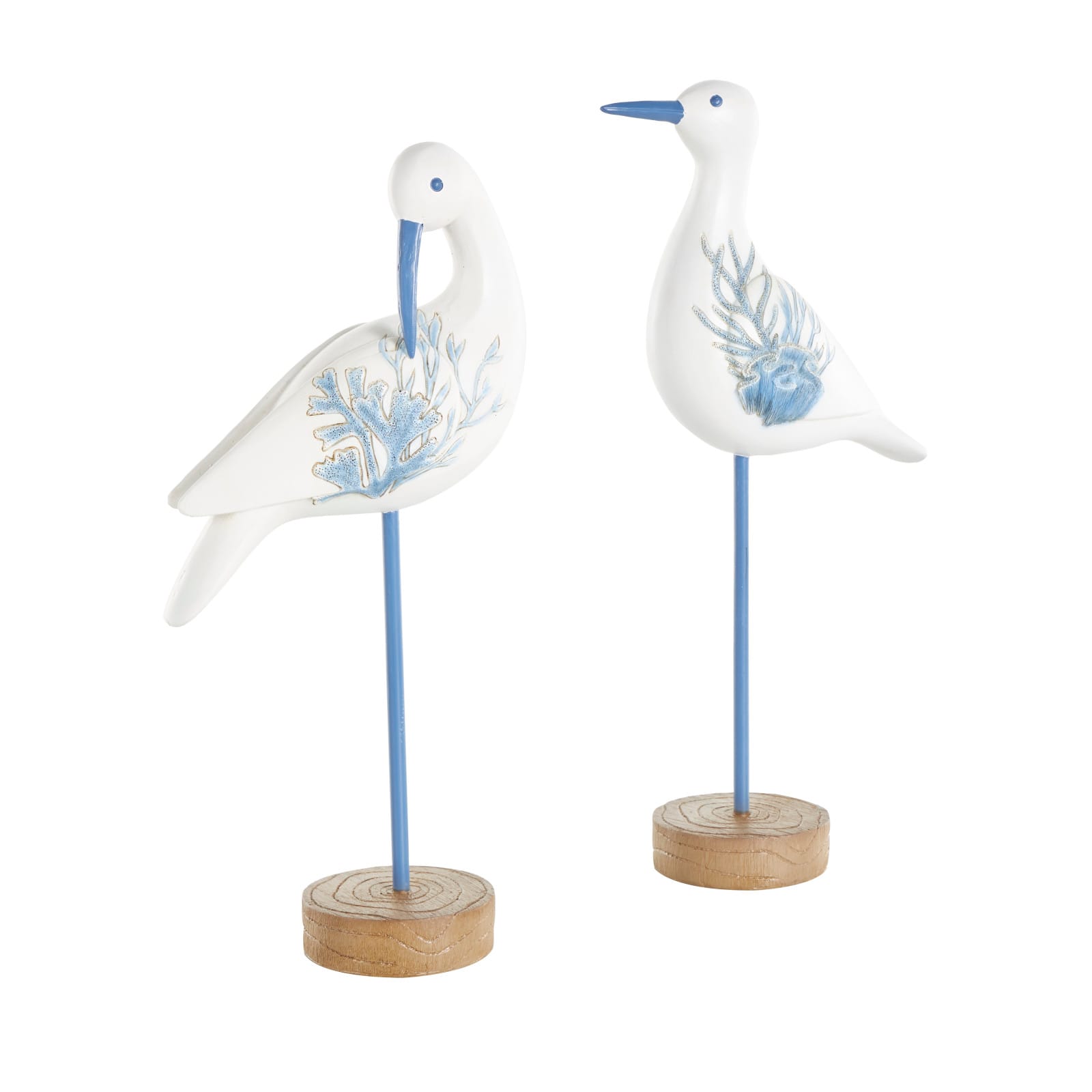 White with Blue Coral Pattern Polystone Bird Sculpture Set