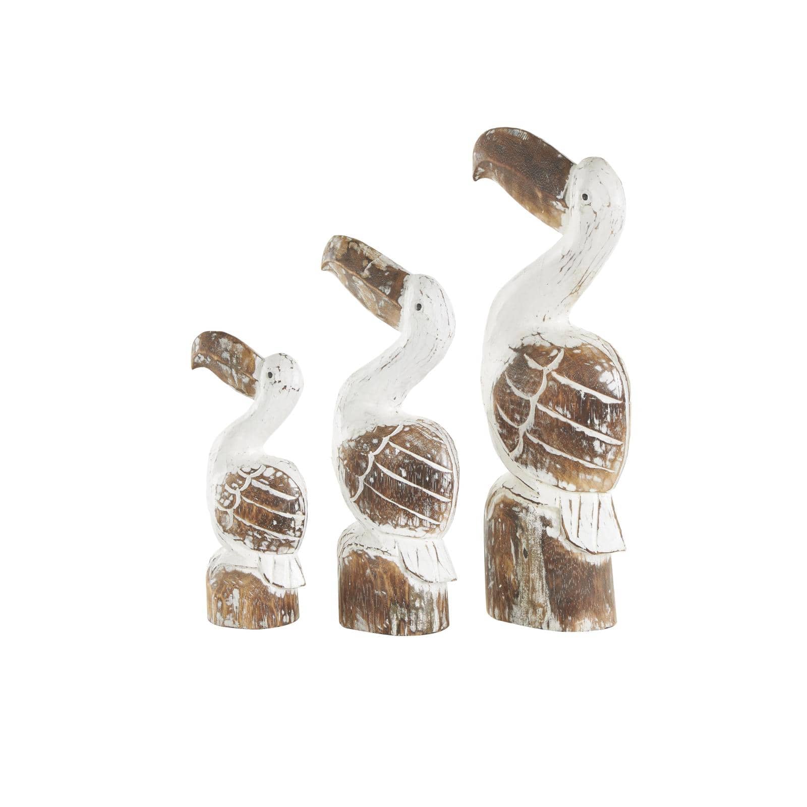 White & Brown Pelican Handmade Distressed Wooden Sculpture Set