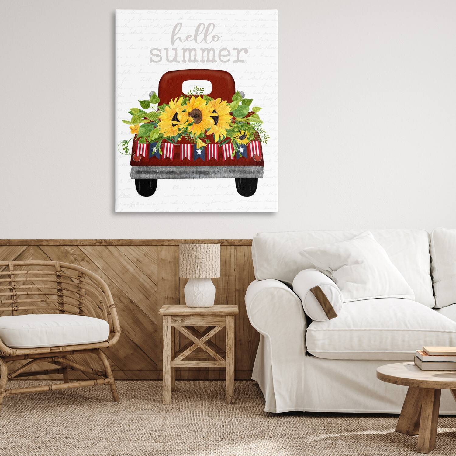 Stupell Industries Hello Summer Quote Sunflower Flower Patriotic Truck Canvas Wall Art