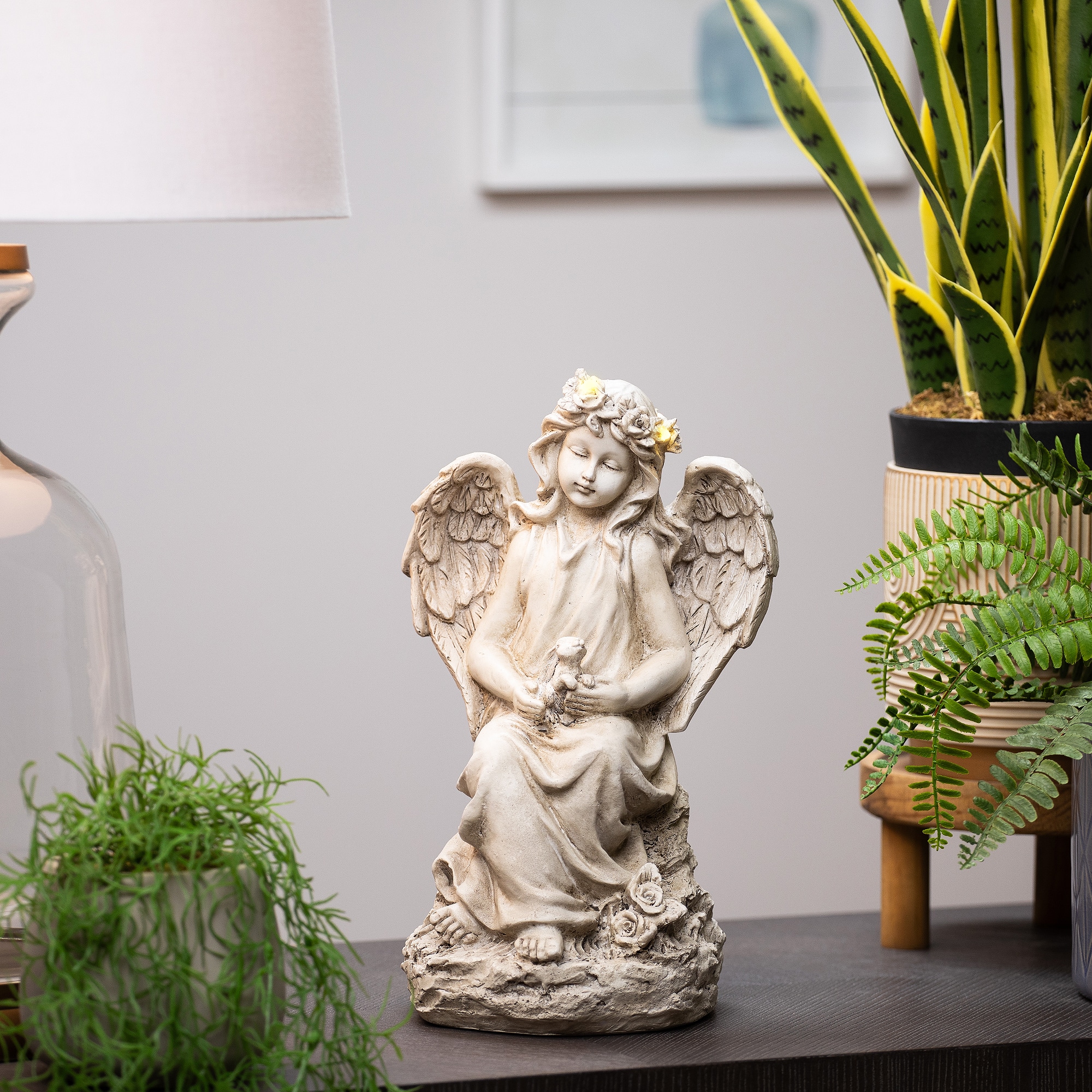 LED Lighted Angel With Rabbit Outdoor Garden Statue - 12"