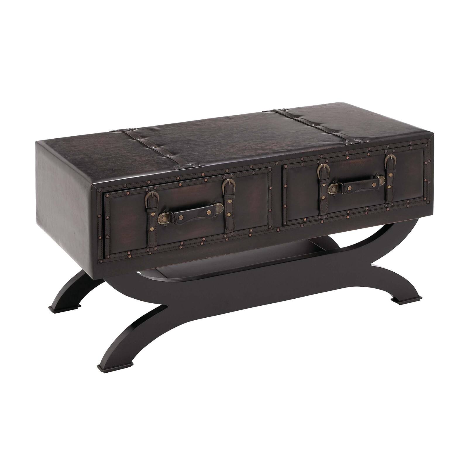 Brown Faux Leather and Wood Traditional Coffee Table, 21" x 40" x 19"