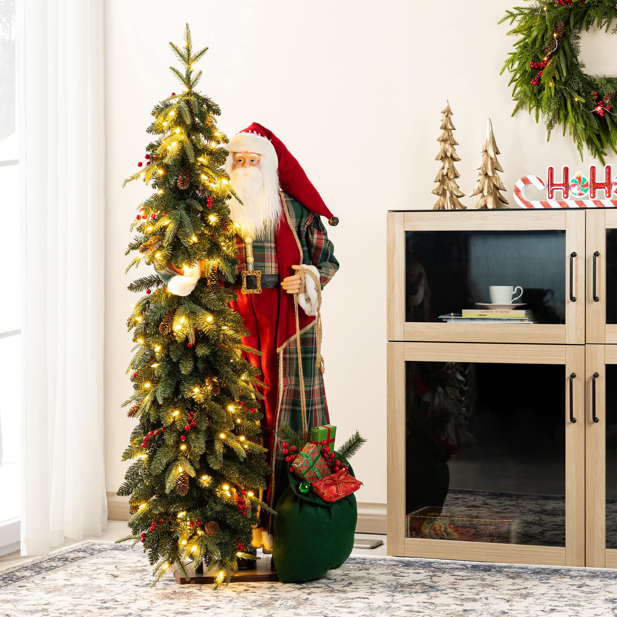 Glitzhome® 4FT Oversized Christmas Woodland Santa with 5FT Lighted Green Artificial Christmas Tree