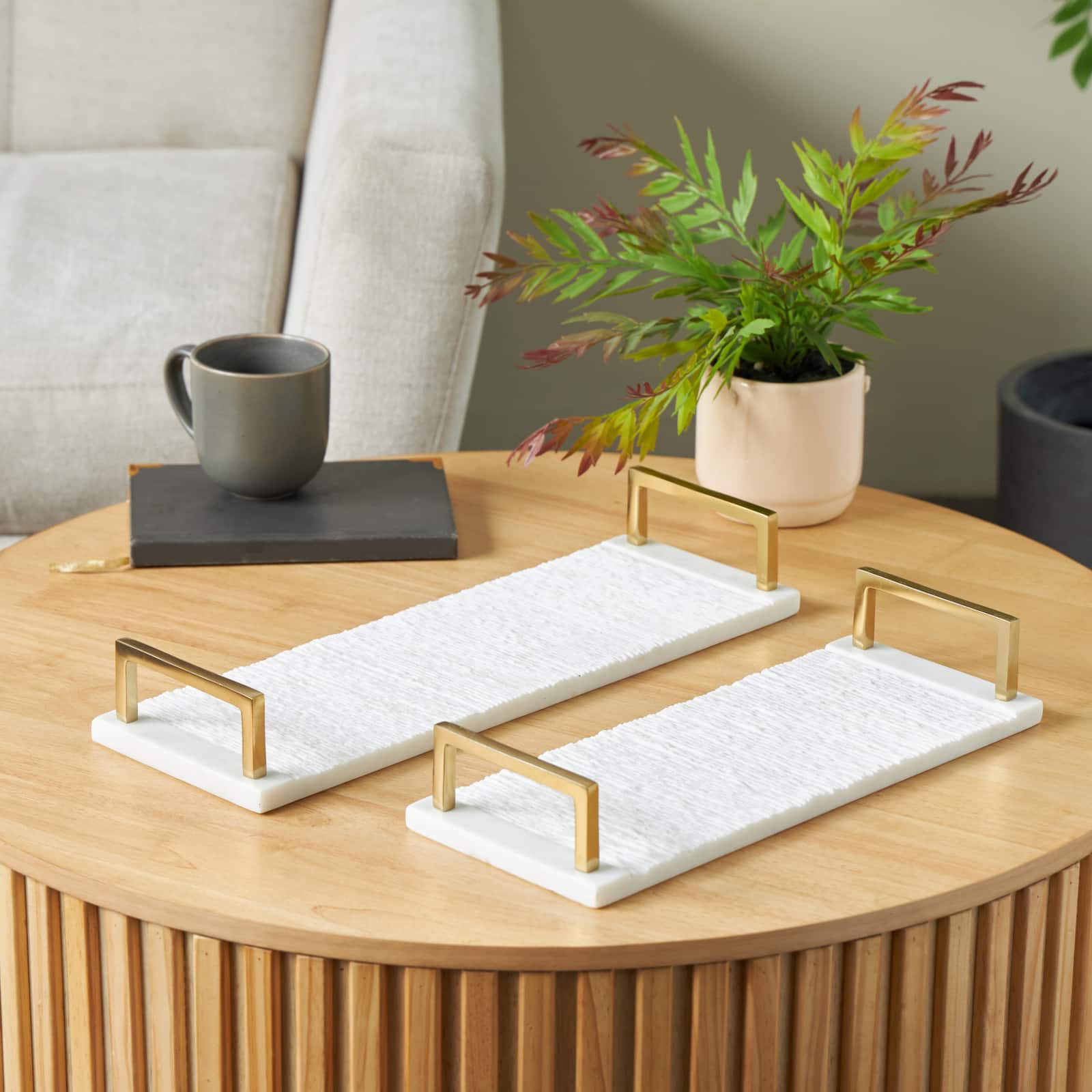 White with Gold Handles Marble Textured Tray Set