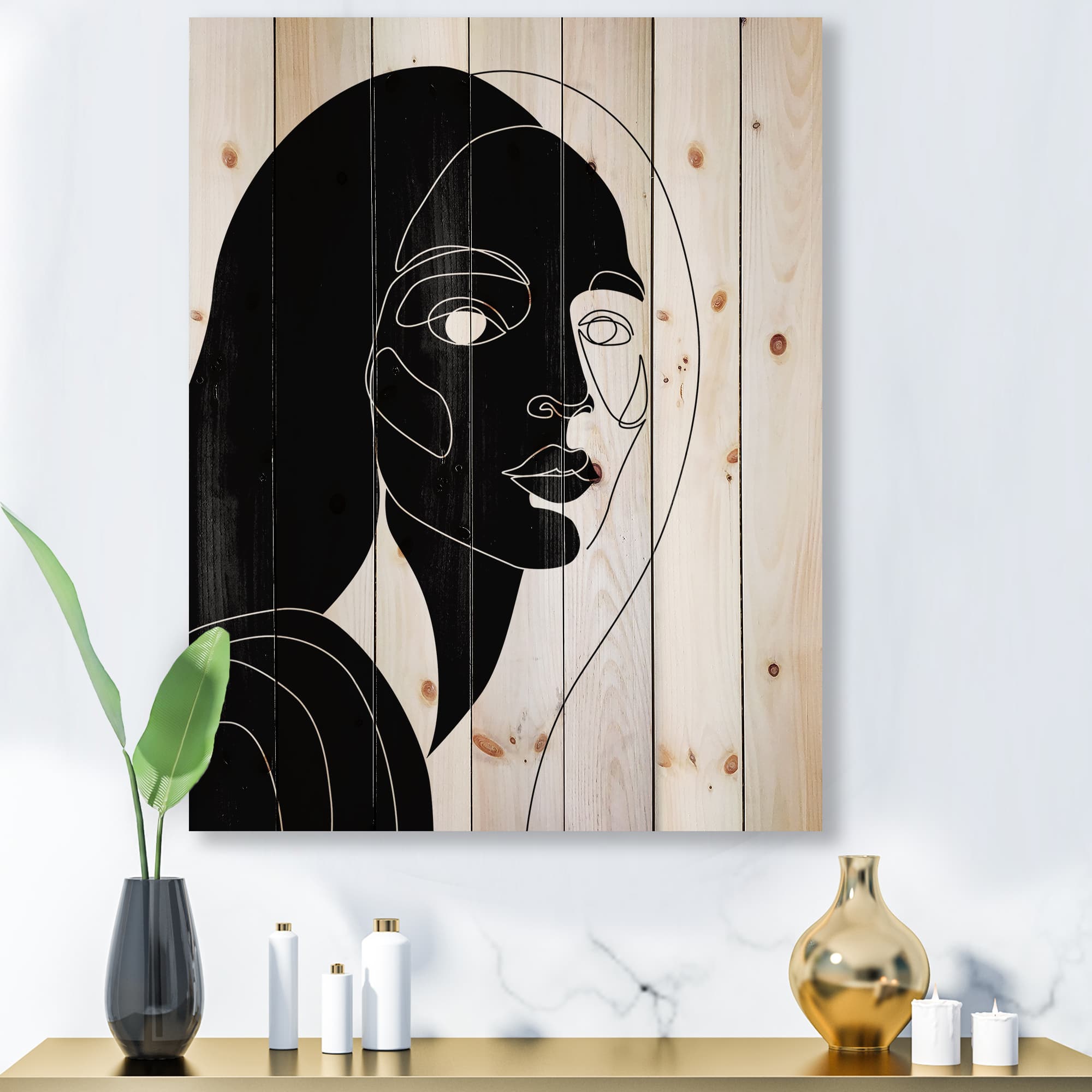 Designart - Retro Monochrome Minimal Portrait of Young Woman - Modern Print on Natural Pine Wood