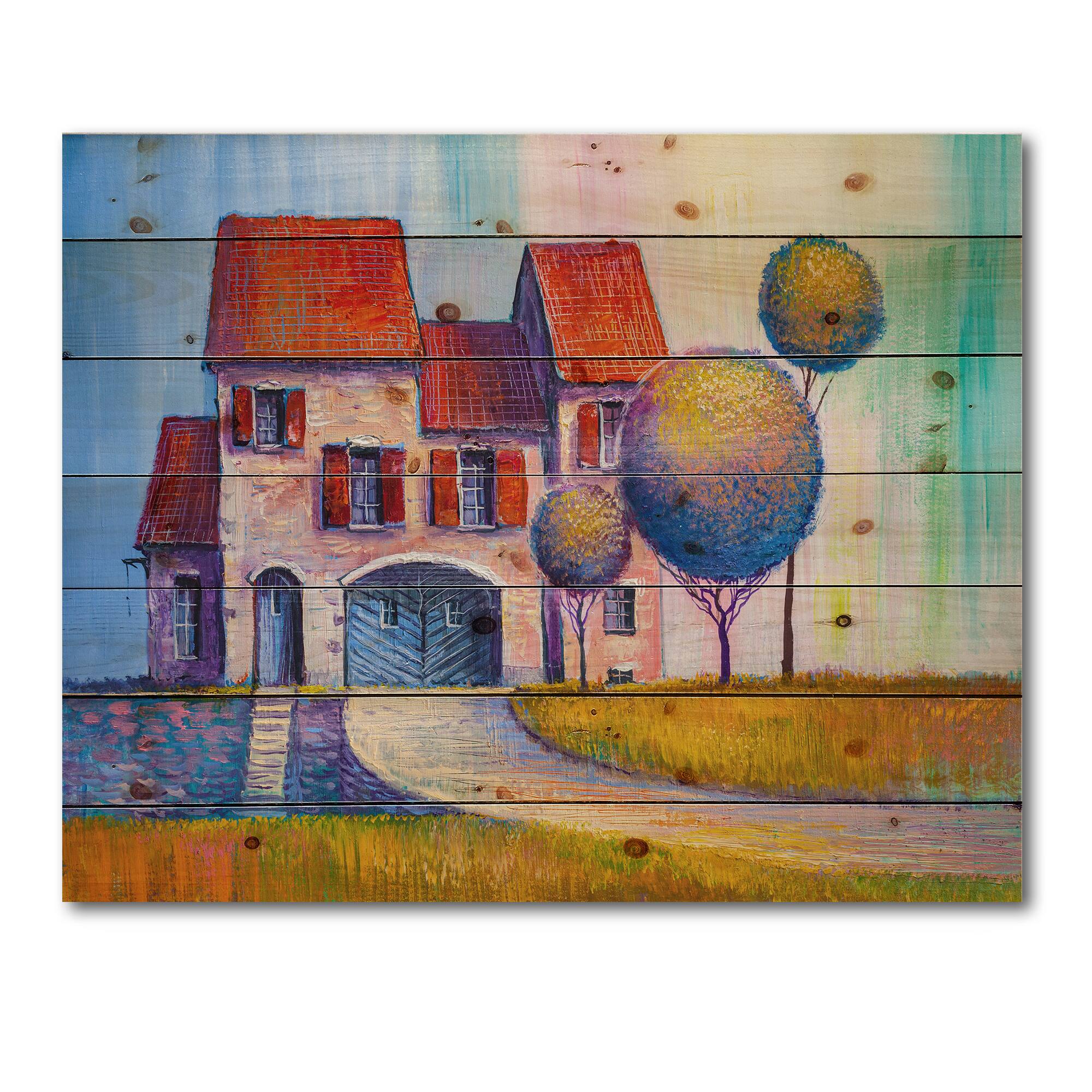 Designart - House With Red Roof In The Village - Modern Print on Natural Pine Wood