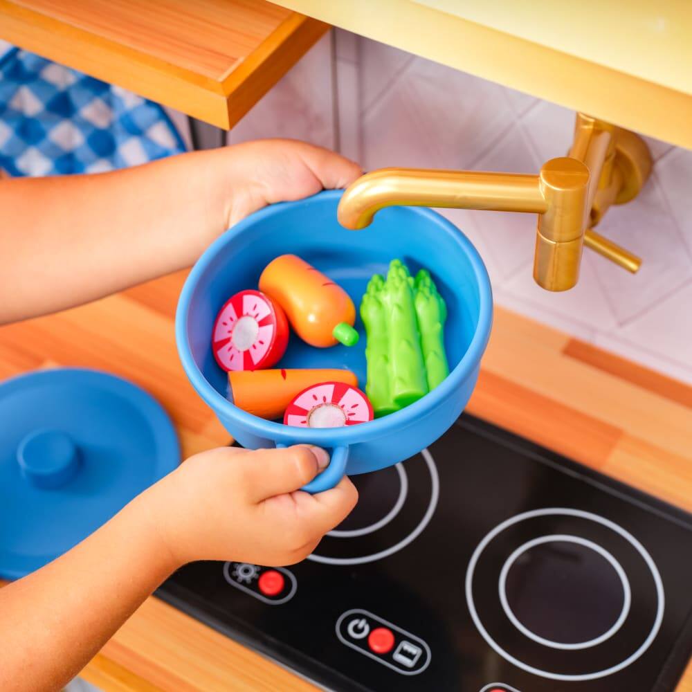 KidKraft Simply Stylish Wooden Play Kitchen Set with Lights, Choppable Food & Accessories