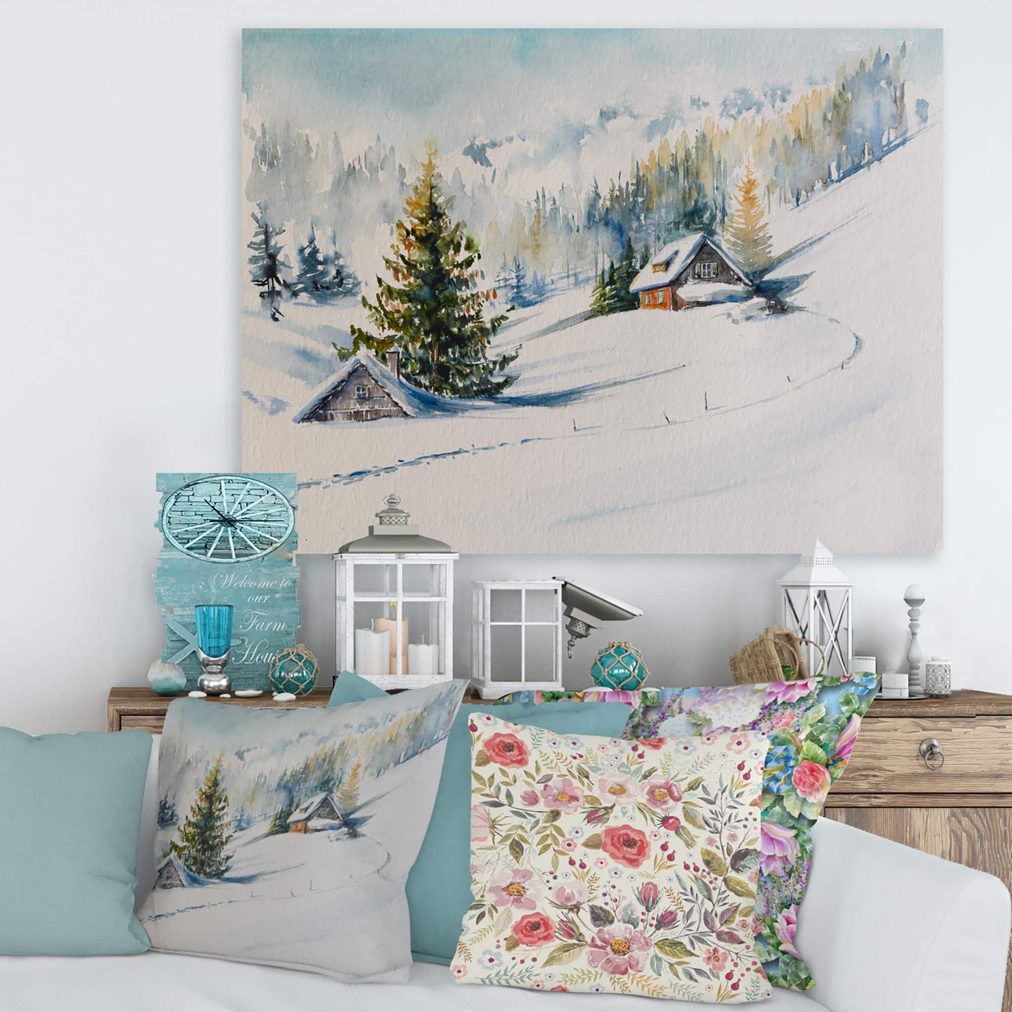 Designart - Little House In The Winter Mountains - Traditional Canvas Wall Art Print