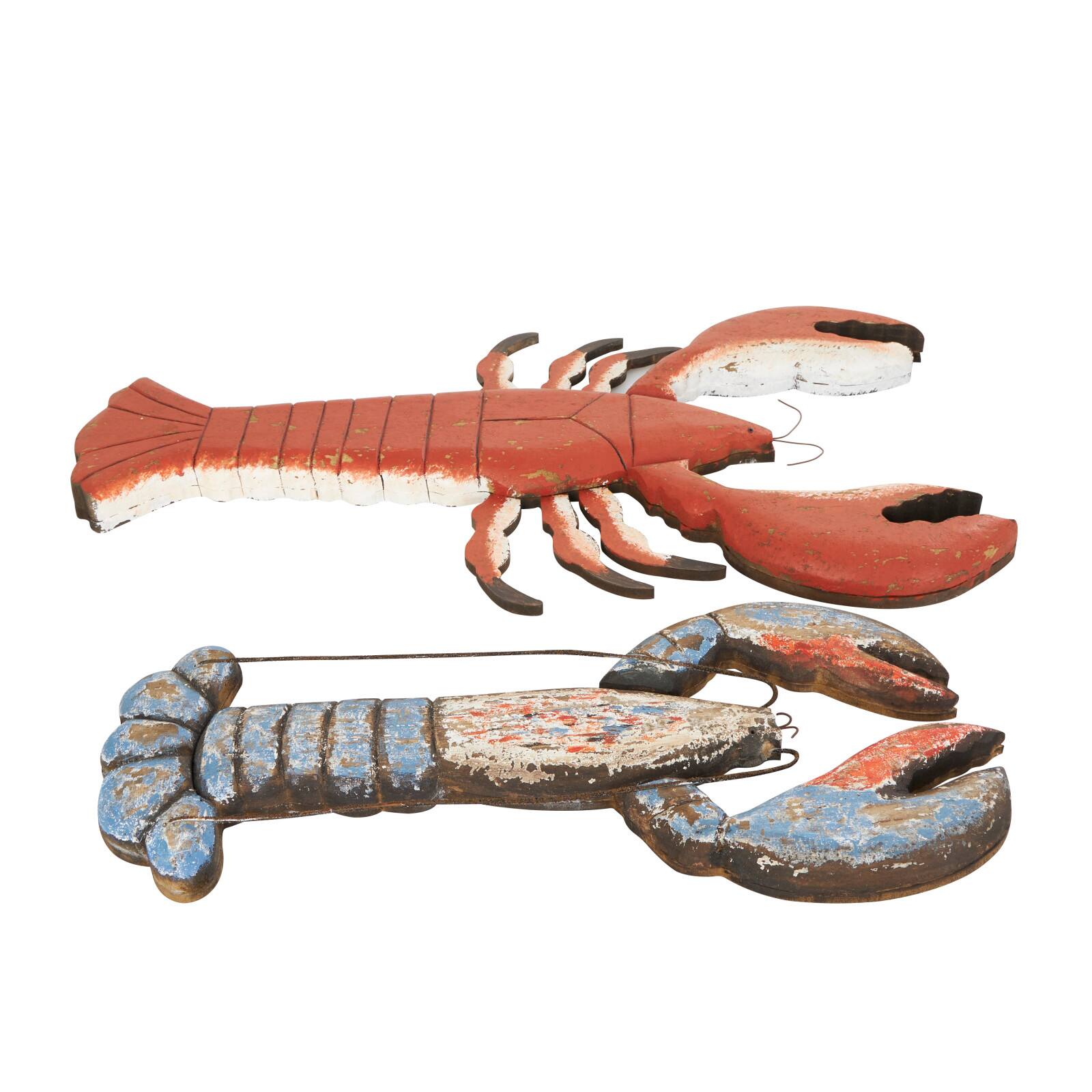 Red & Blue Wood Lobster Handmade Distressed Sculpture Set