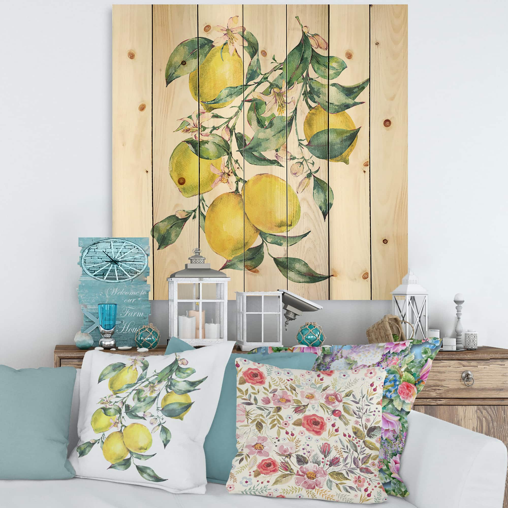 Designart - Branch of Yellow Lemons and Leaves I - Tropical Print on Natural Pine Wood