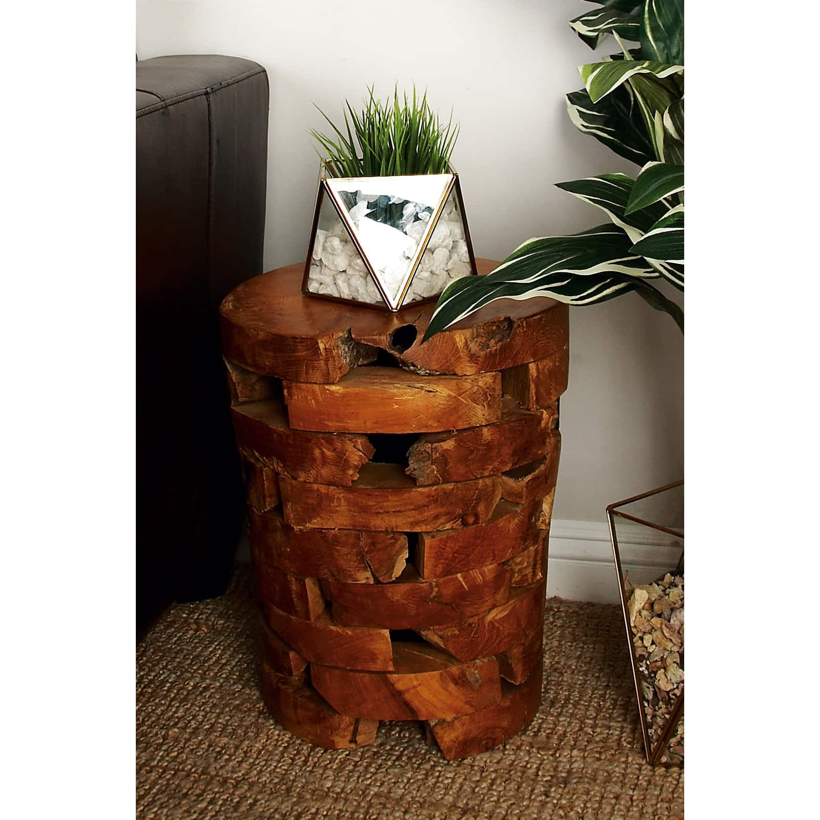 18" Brown Teak Contemporary Footstool