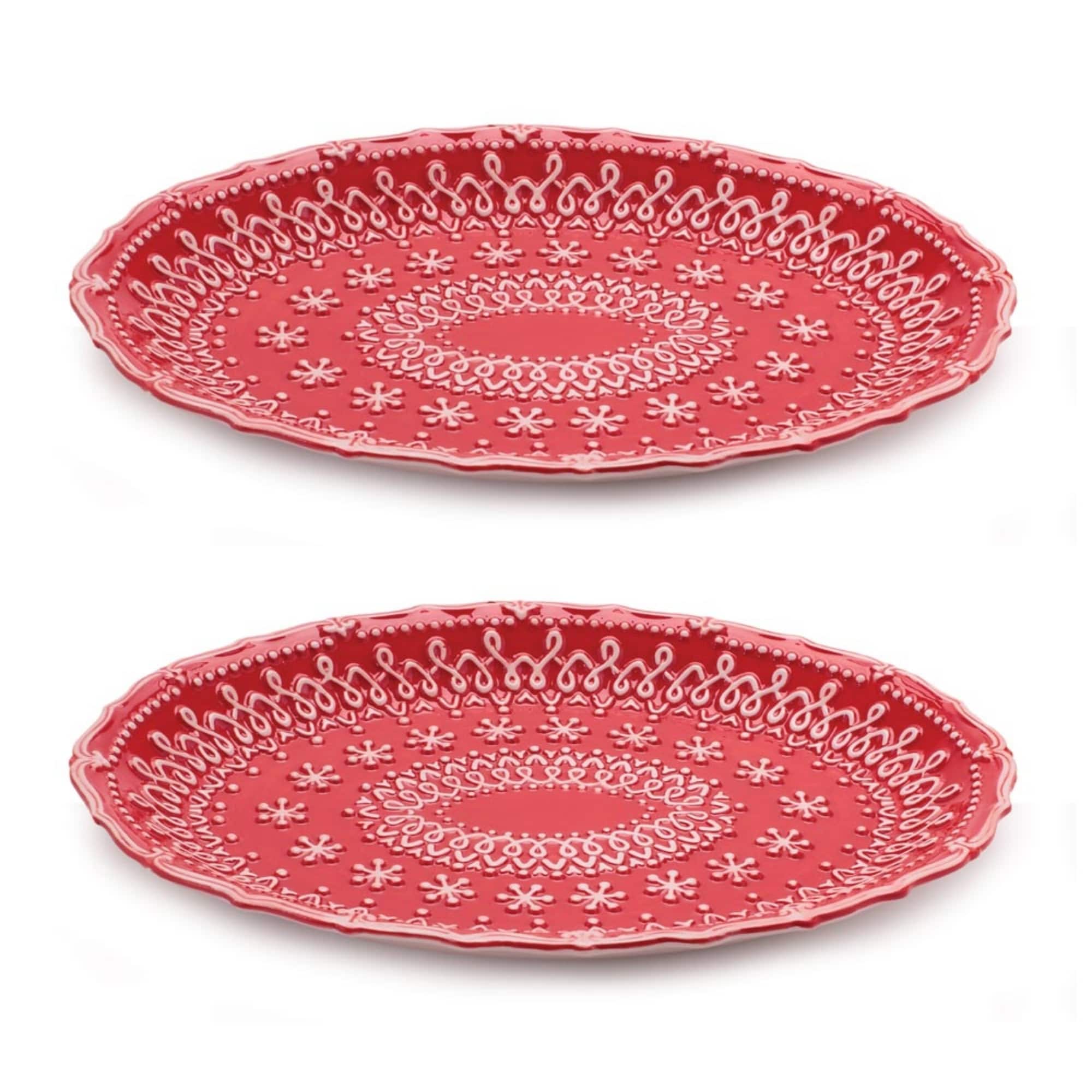 Melrose 12" Red & White Embossed Ceramic Snowflake Platters, 2ct.