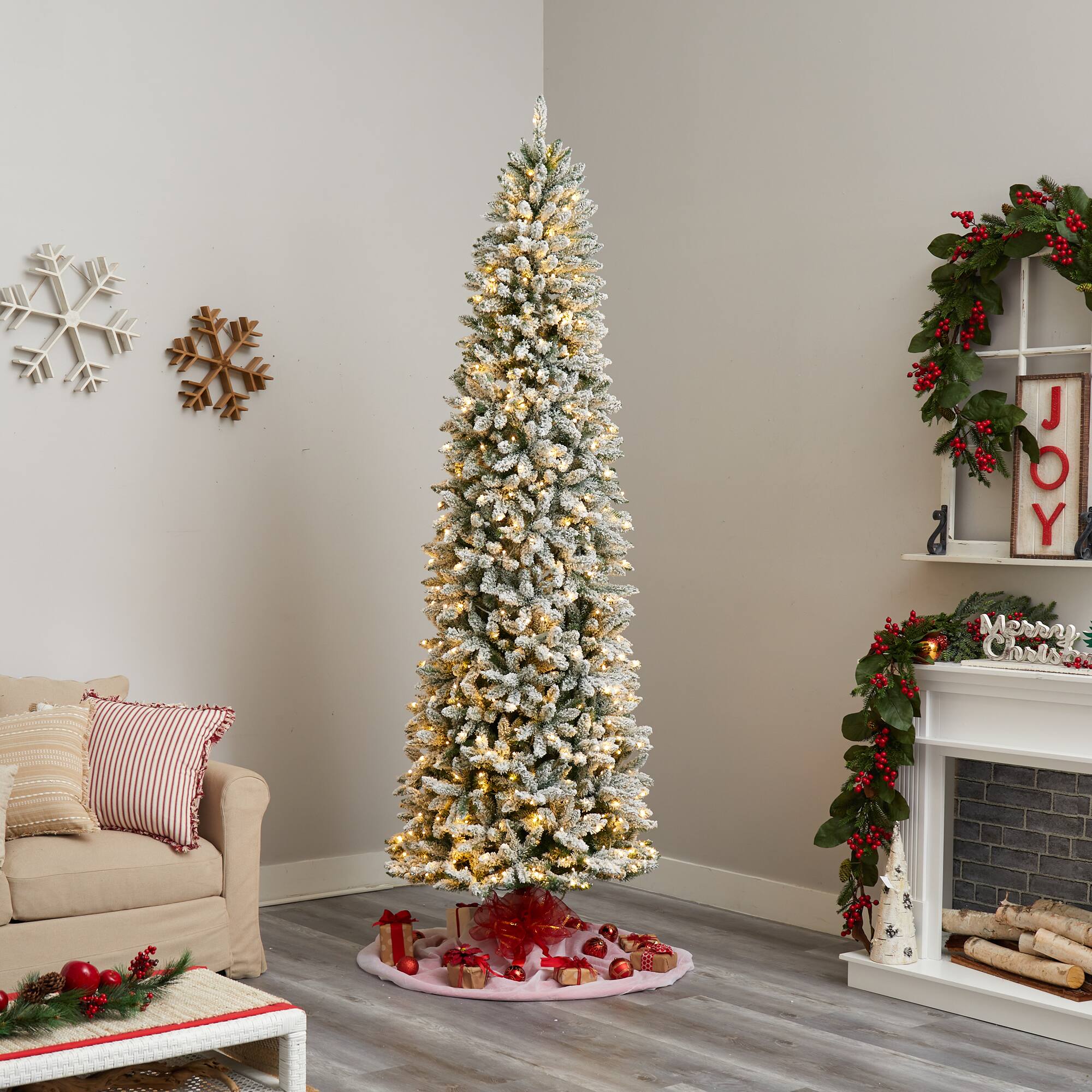 9ft. Pre-Lit Slim Flocked Montreal Fir Artificial Christmas Tree, White LED Lights