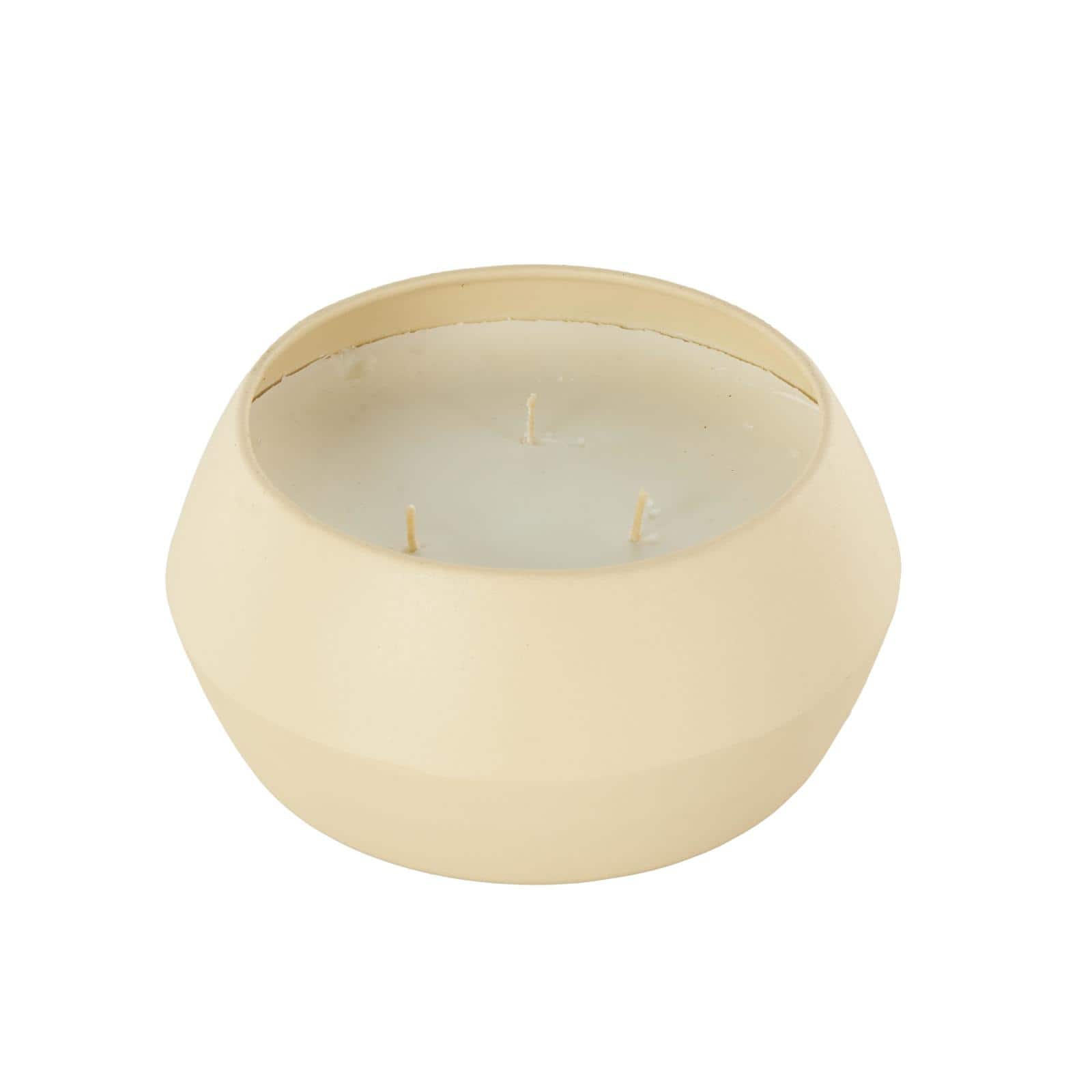 Ivory and Iris 6.25" Beige with White Wax 3 Wick Rose Blossom & Sandalwood Scented Textured Metal Candle