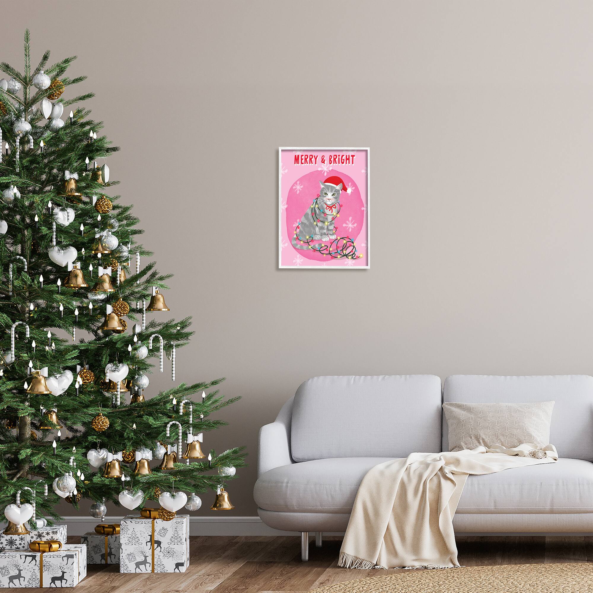 Stupell Industries Merry & Bright Christmas Cat Framed Giclee Art