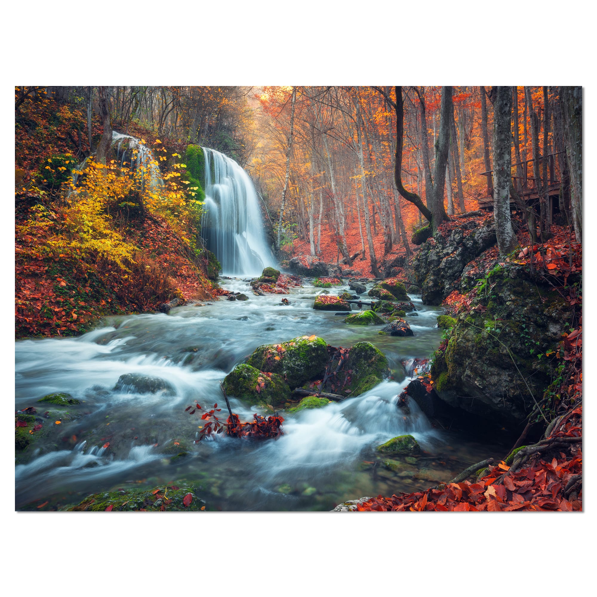 Designart - Autumn Mountain Waterfall Long View - Landscape