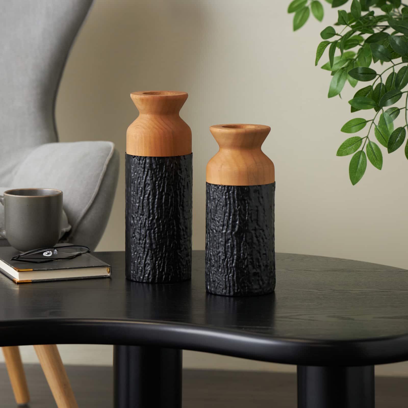Black & Natural Textured Color Block Metal & Wood Vase Set