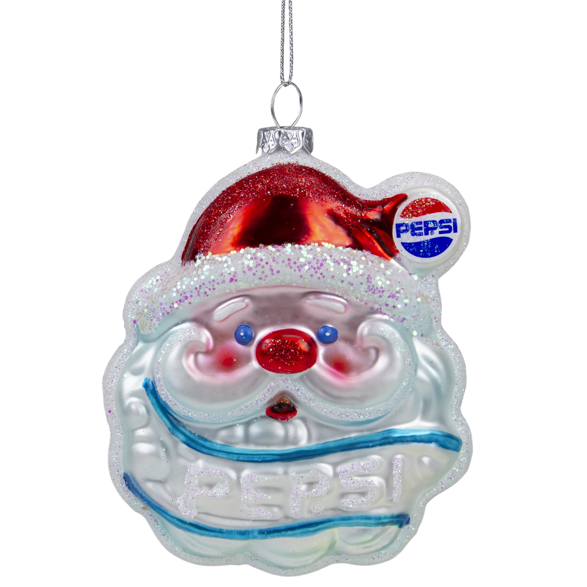 4.5" Blue & Red Glittered Santa Claus Head Pepsi Christmas Ornament