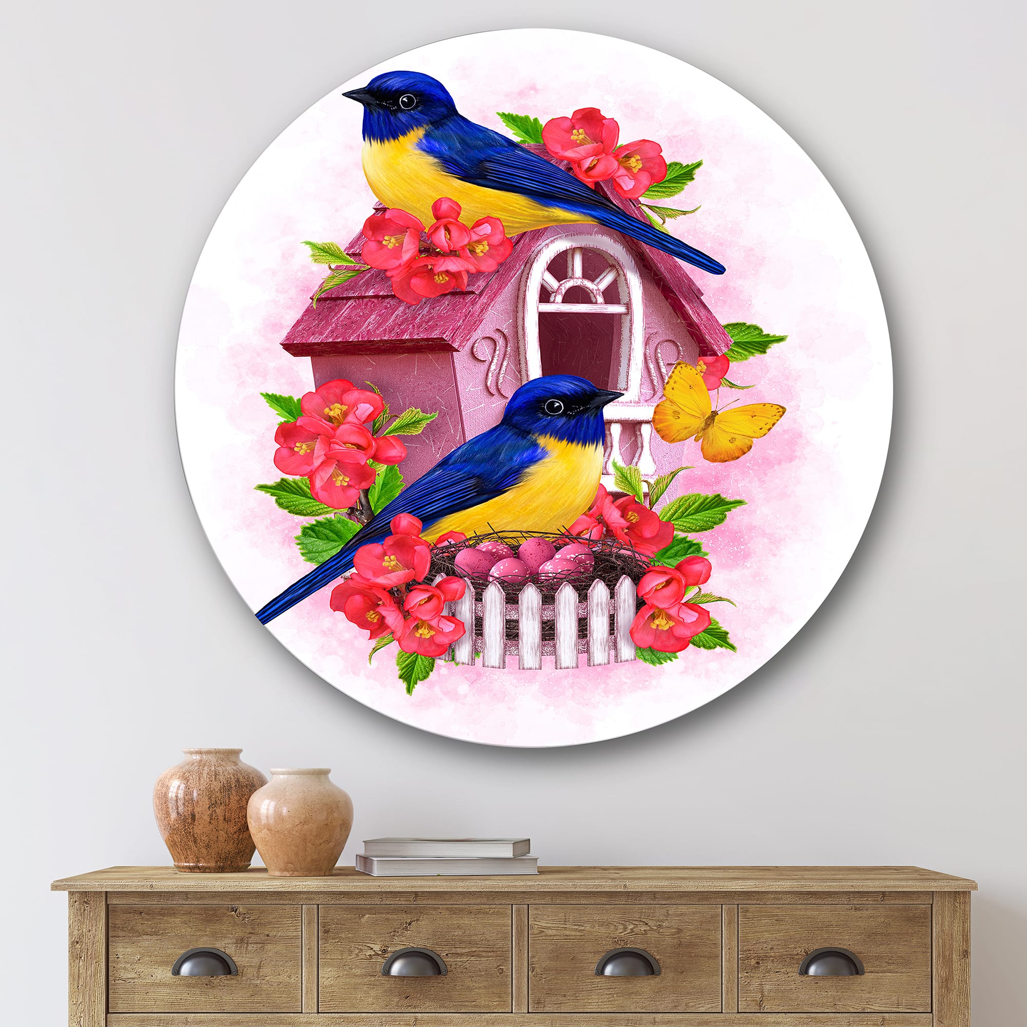 Designart - Two Blue & Yellow Tit Birds Sitting Near The Nest