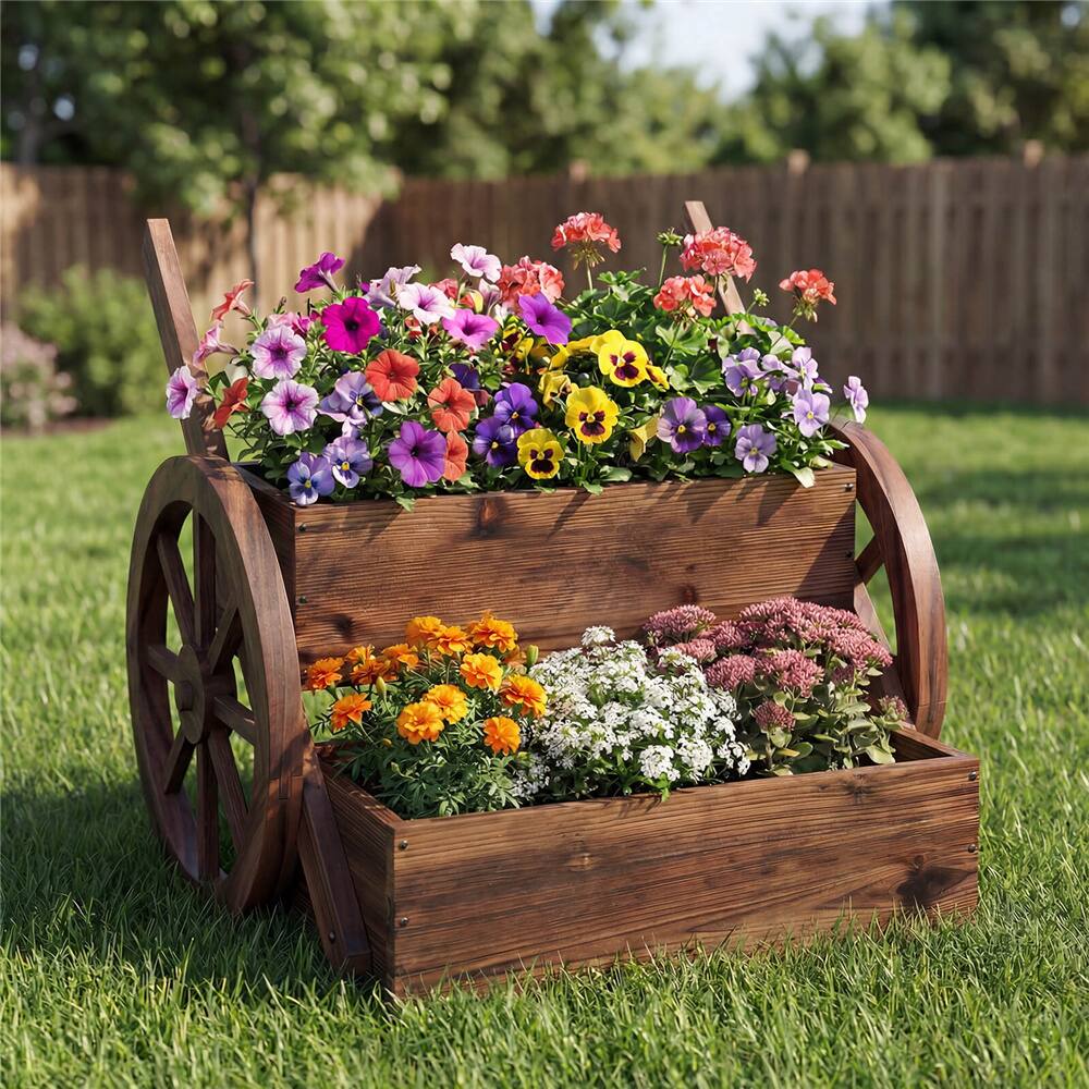 Costway 2-Tier Rustic Wood Wagon Planter with Wheels Handles & Drainage
