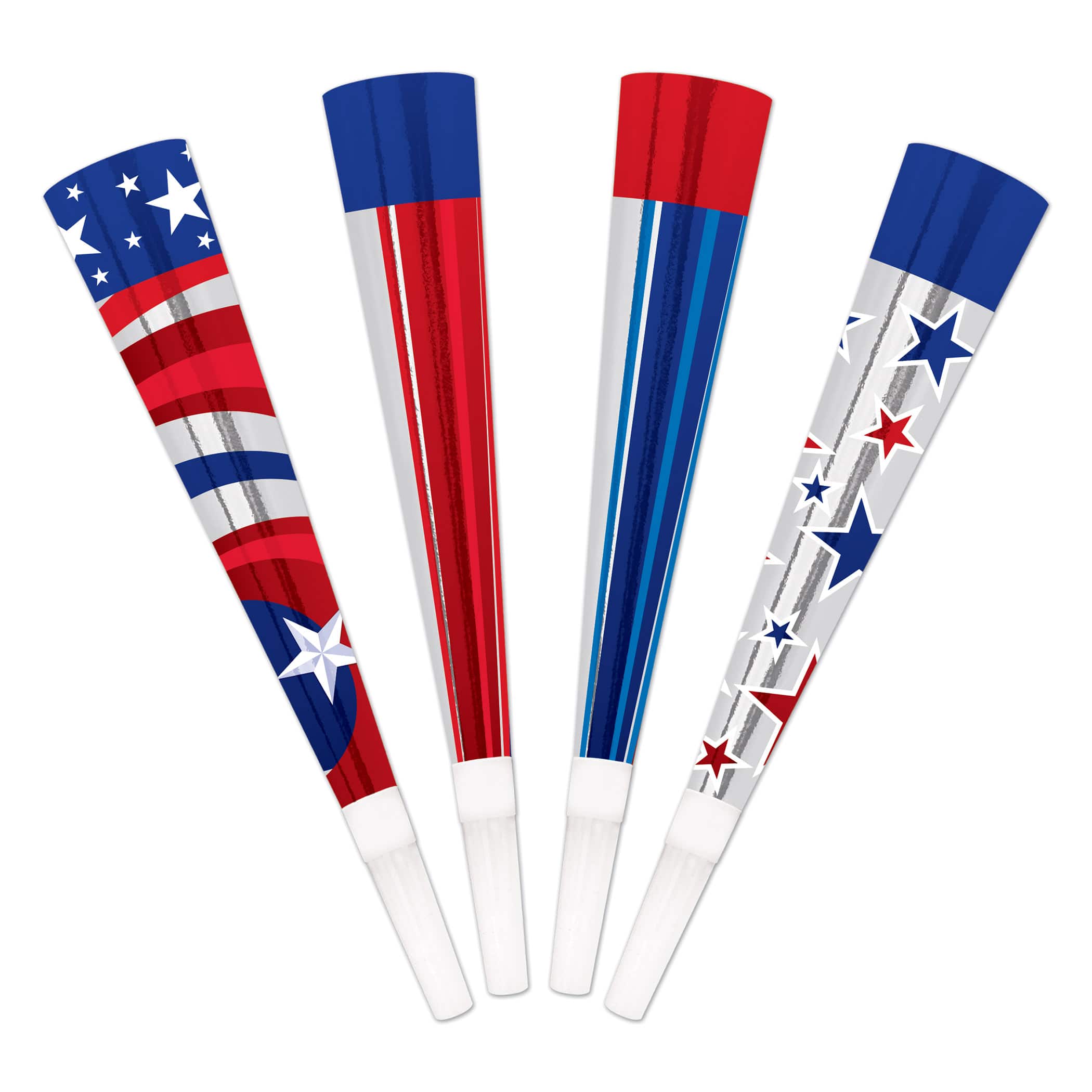 Beistle 9" Red, Silver & Blue Patriotic Foil Horns, 3 Packs of 4