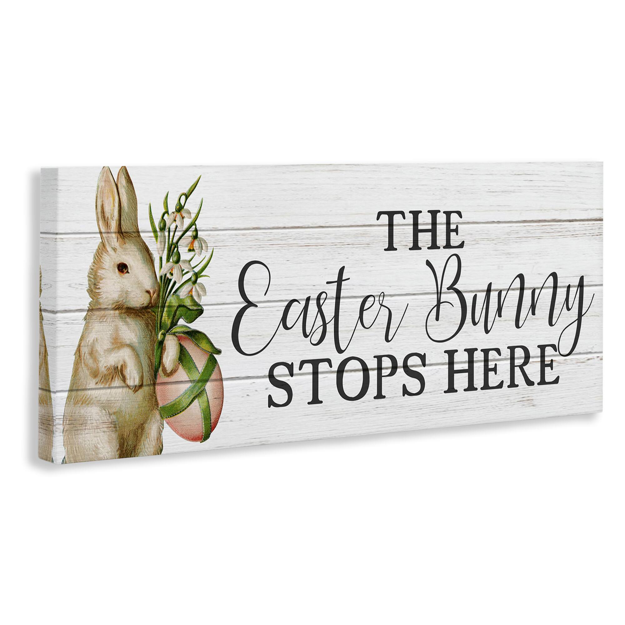 Stupell Industries Easter Bunny Stops Here Country Grain Pattern Phrase Canvas Wall Art