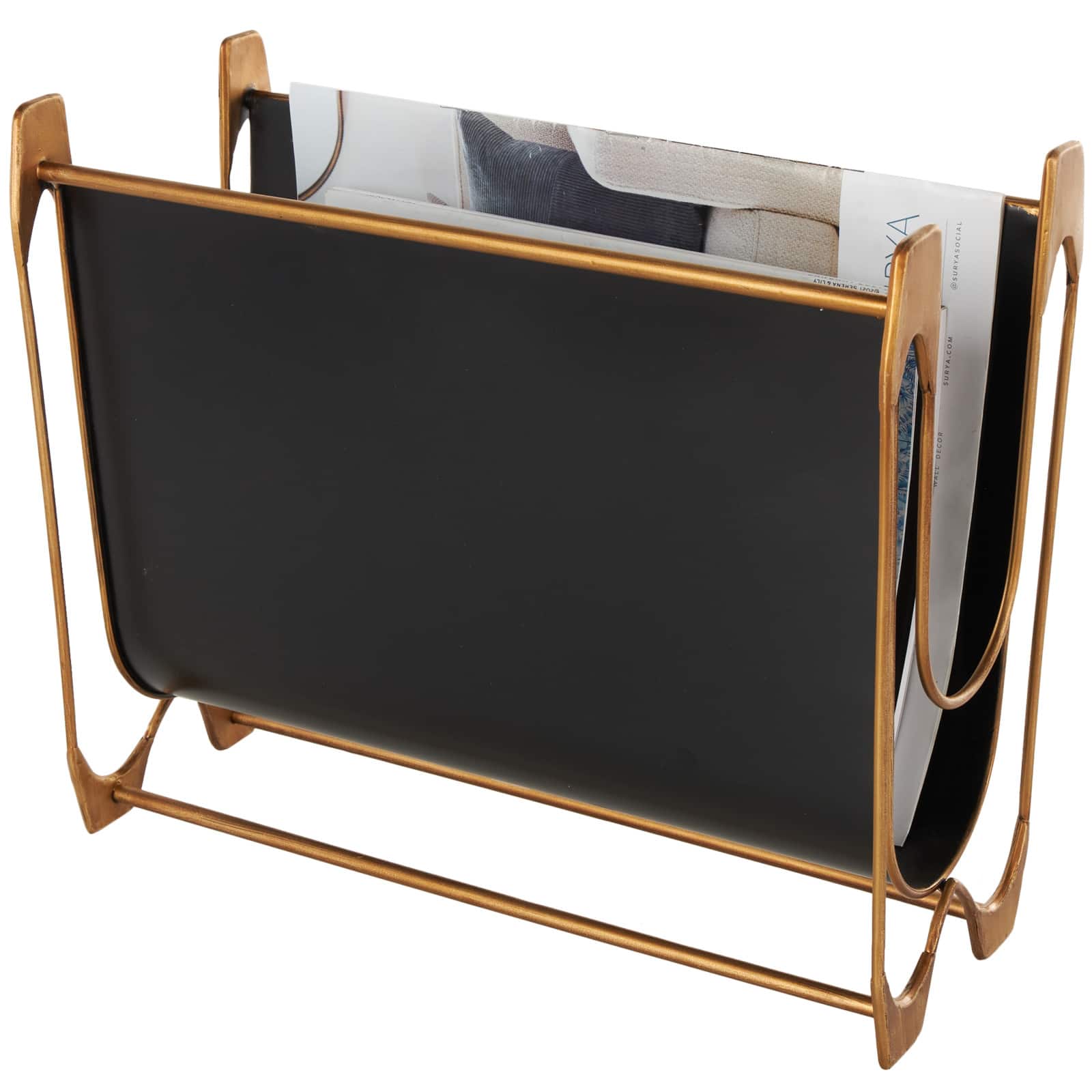 15" Black Metal Curved Magazine Holder with Brass Stand