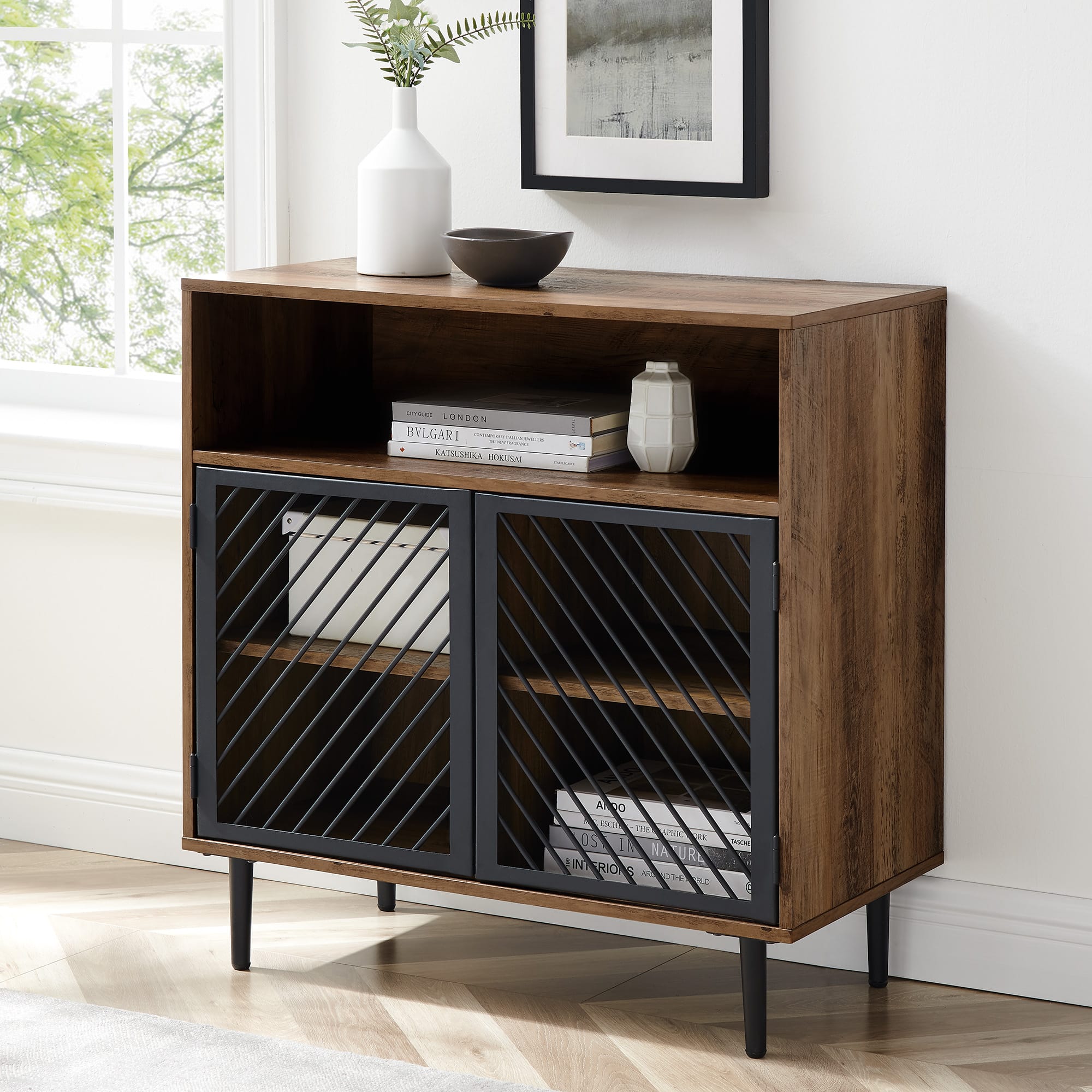 Walker Edison 32" Reclaimed Barnwood Modern Slanted Metal Door Accent Cabinet