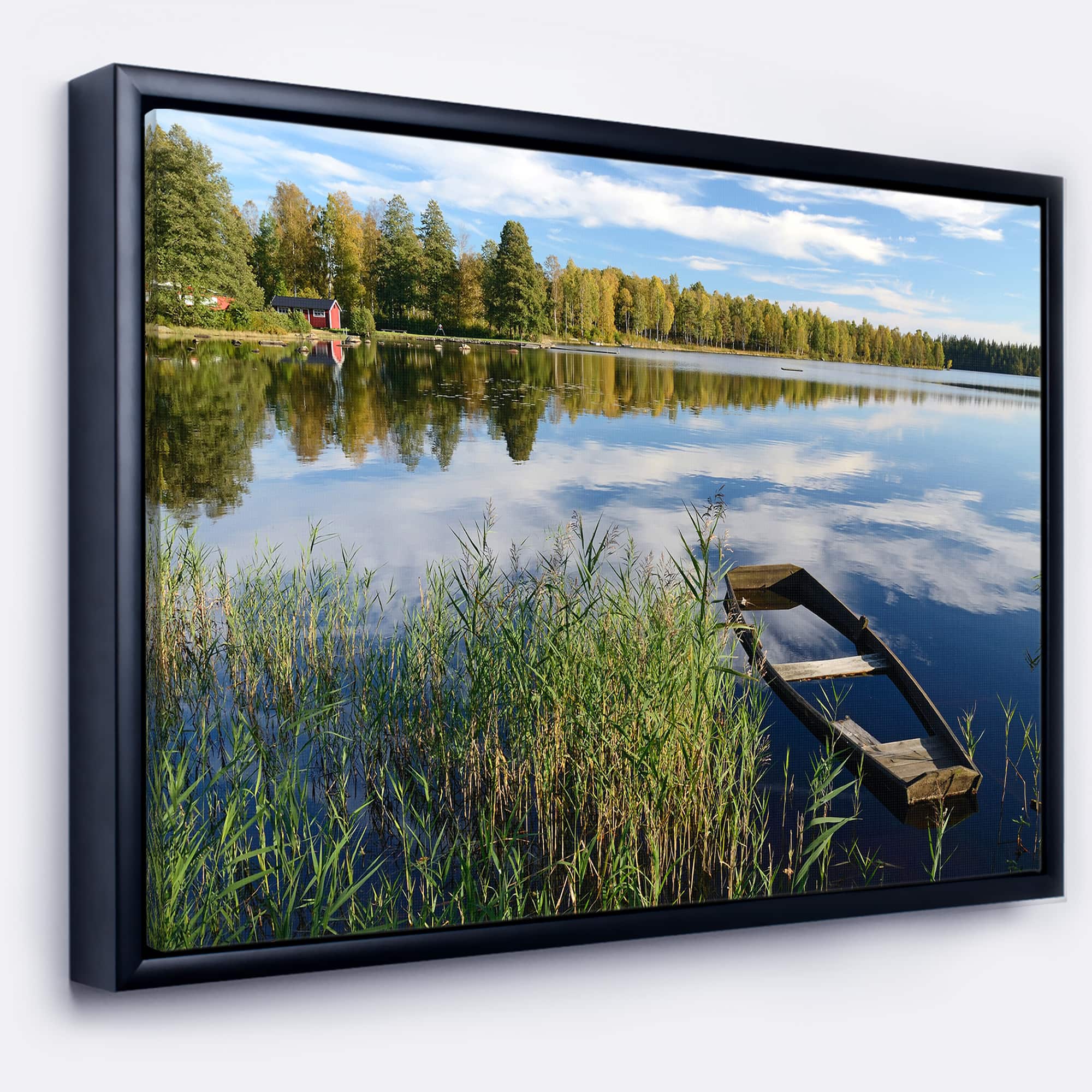 Designart - Beautiful Swedish September Lake - Landscape Photography Canvas Print in Black Frame