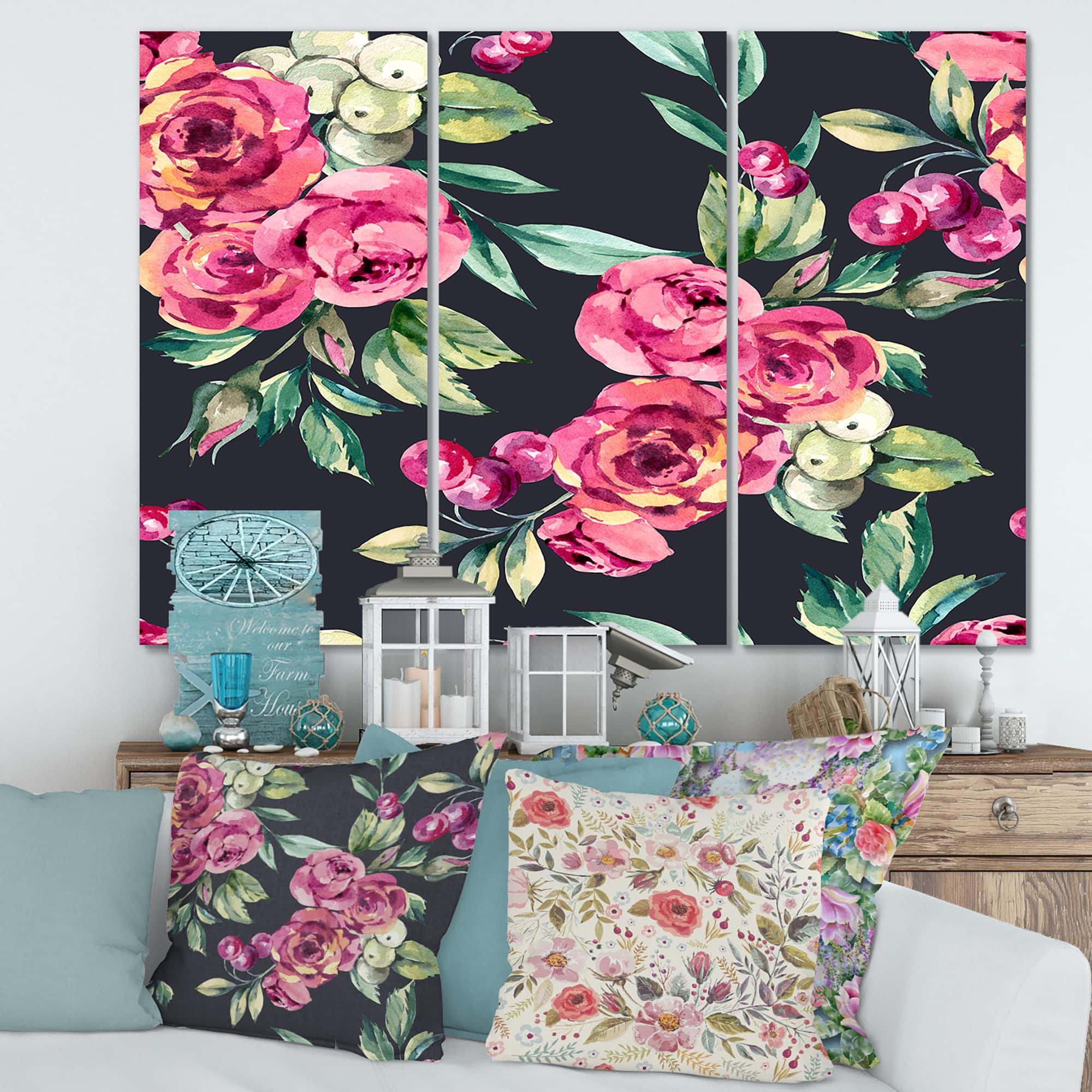 Designart - Red VIntage Roses and Berries On Black - Farmhouse Canvas Wall Art Print