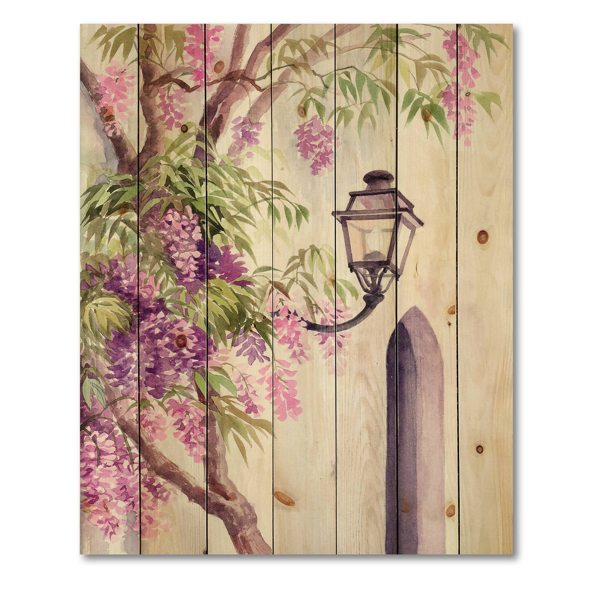 Designart - Wisteria and Lantern - Traditional Print on Natural Pine Wood