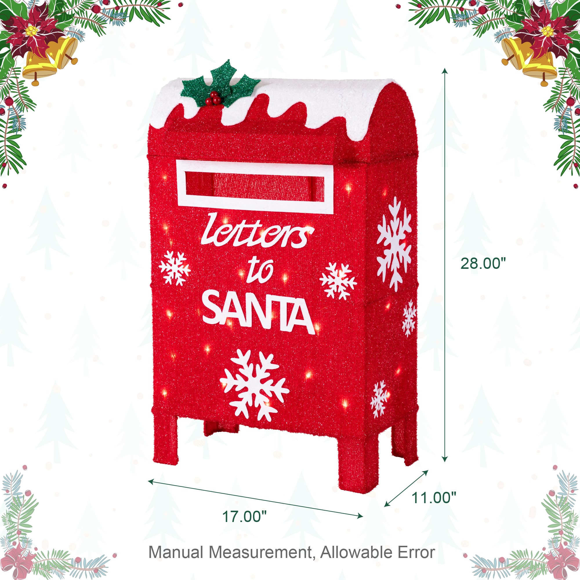 Glitzhome® 28" Christmas 3D Fabric Mailbox with 30 Warm White LED Lights