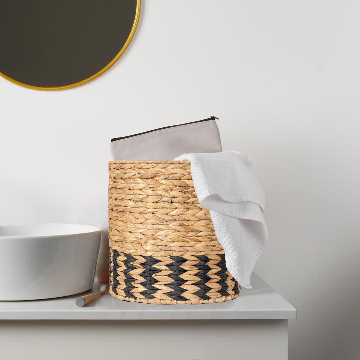 Household Essentials 11.75" Natural Water Hyacinth & Paper Basket with Black Stripes