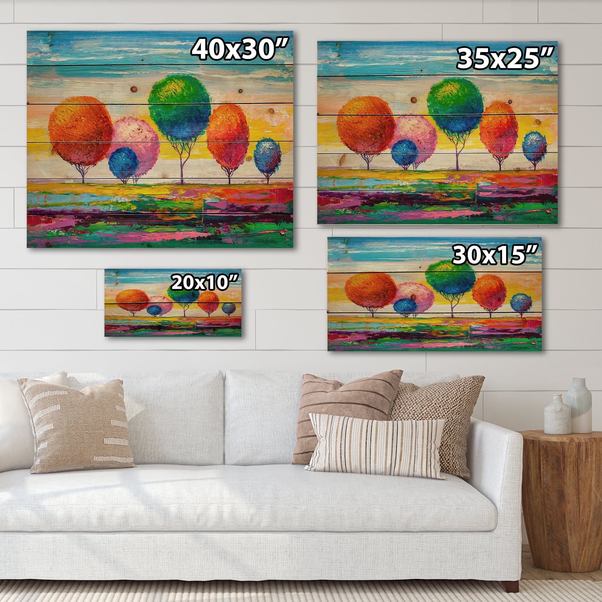 Designart - Colourful Ornamental Trees VI - Modern Print on Natural Pine Wood