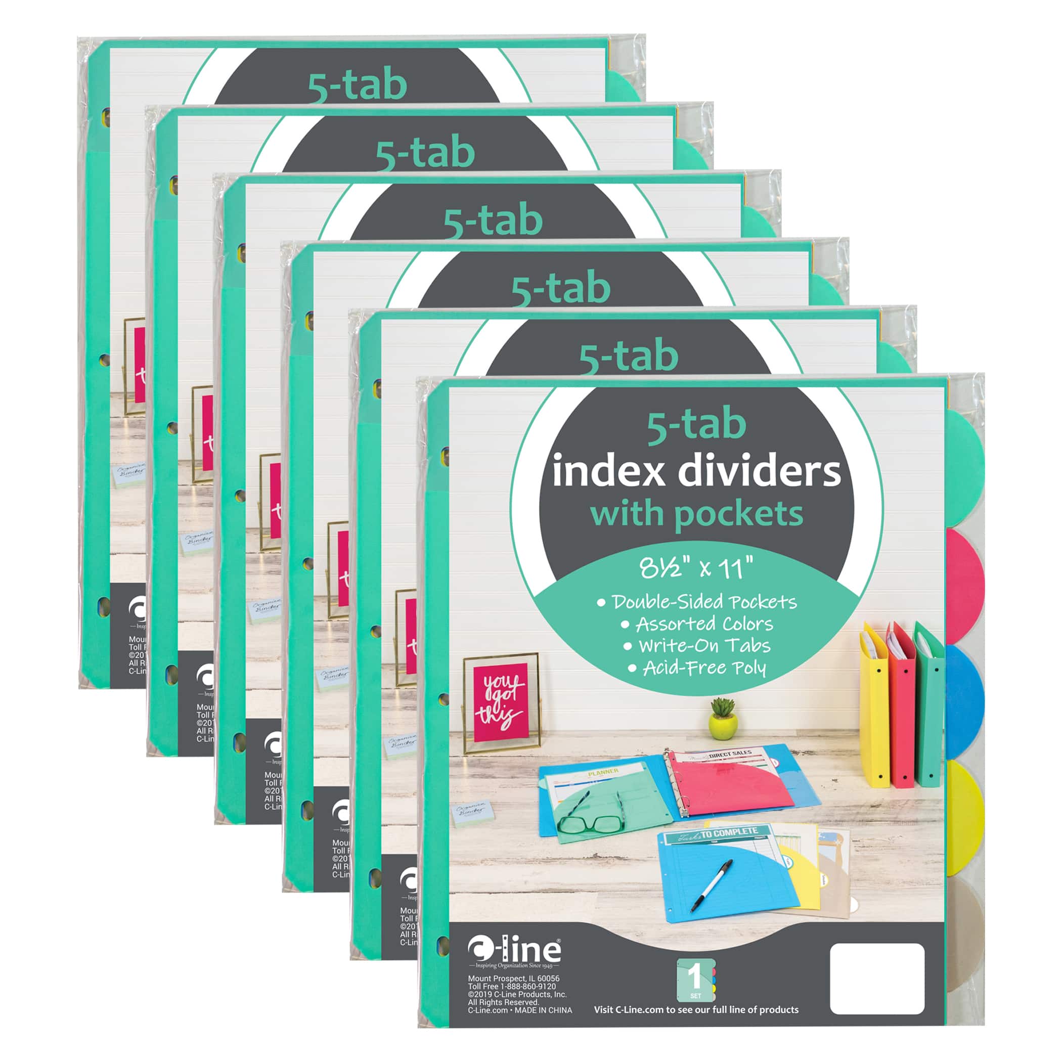 C-Line® 8.5" x 11" Assorted Color 5-Tab Poly Index Dividers with Slant Pocket, 6 Packs of 5