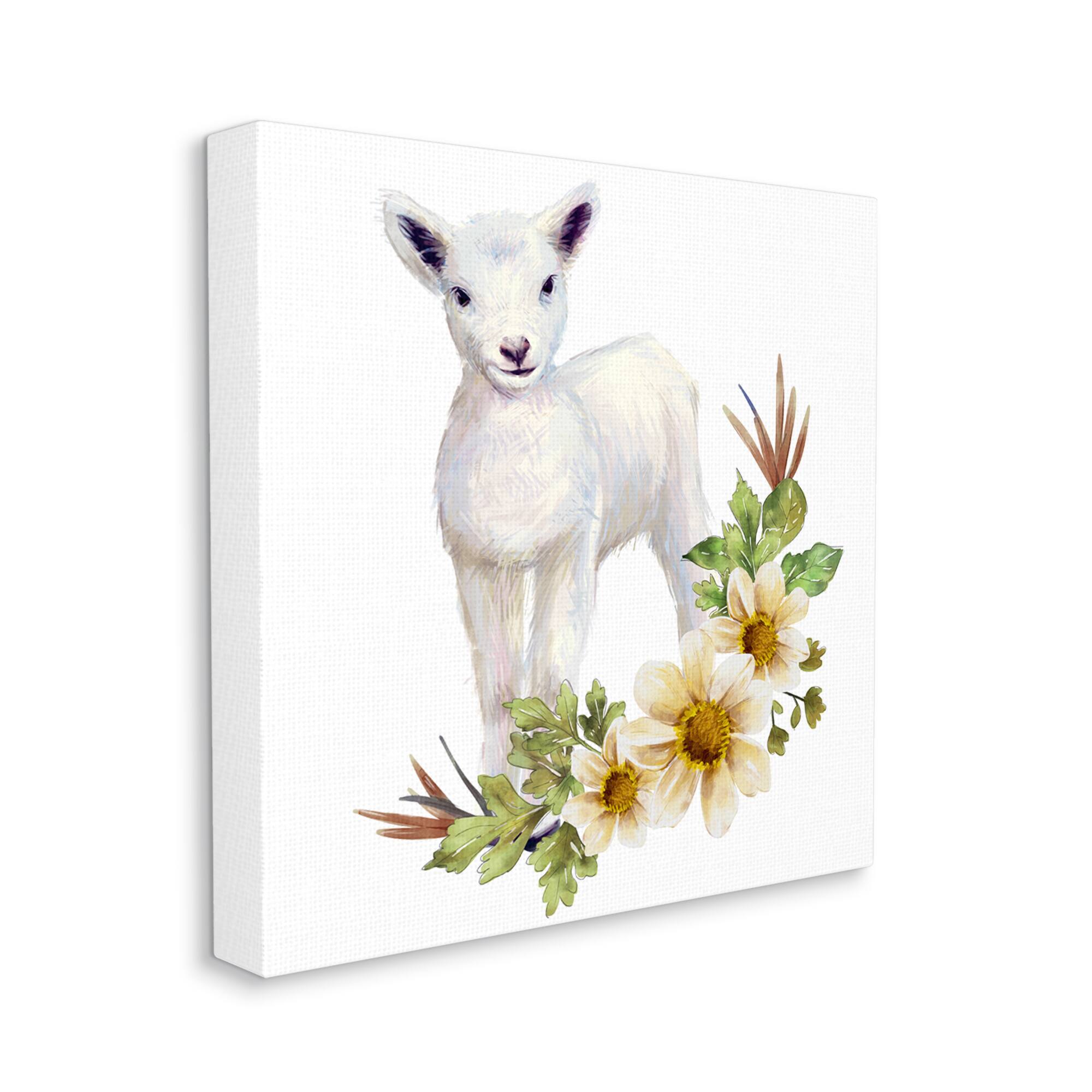 Stupell Industries Baby Lamb Autumn Daisy Florals Tree Leaf Foliage Canvas Wall Art