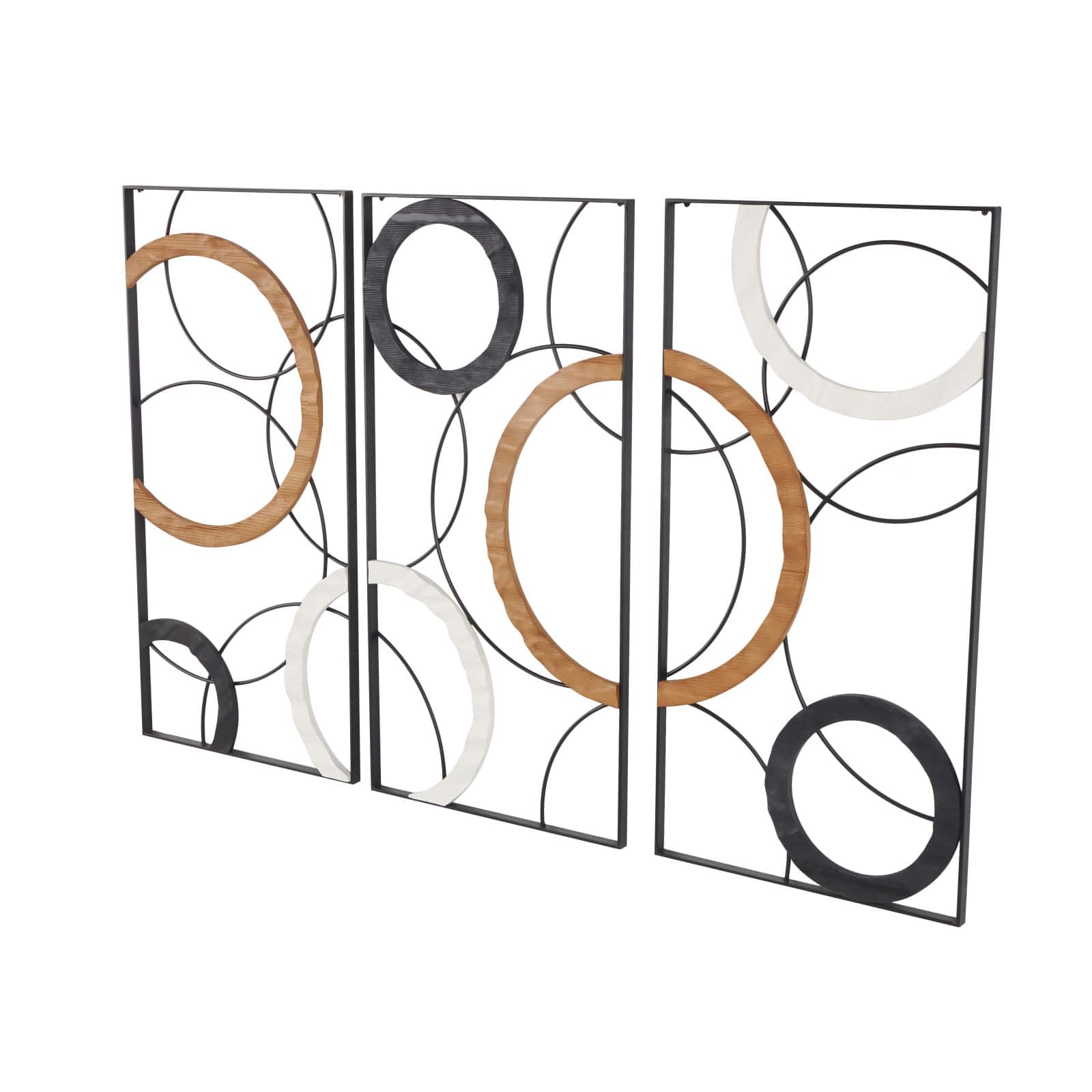 18" x 36" Black Metal Abstract with Brown & White Wooden Accent Home Wall Décor, 3ct.