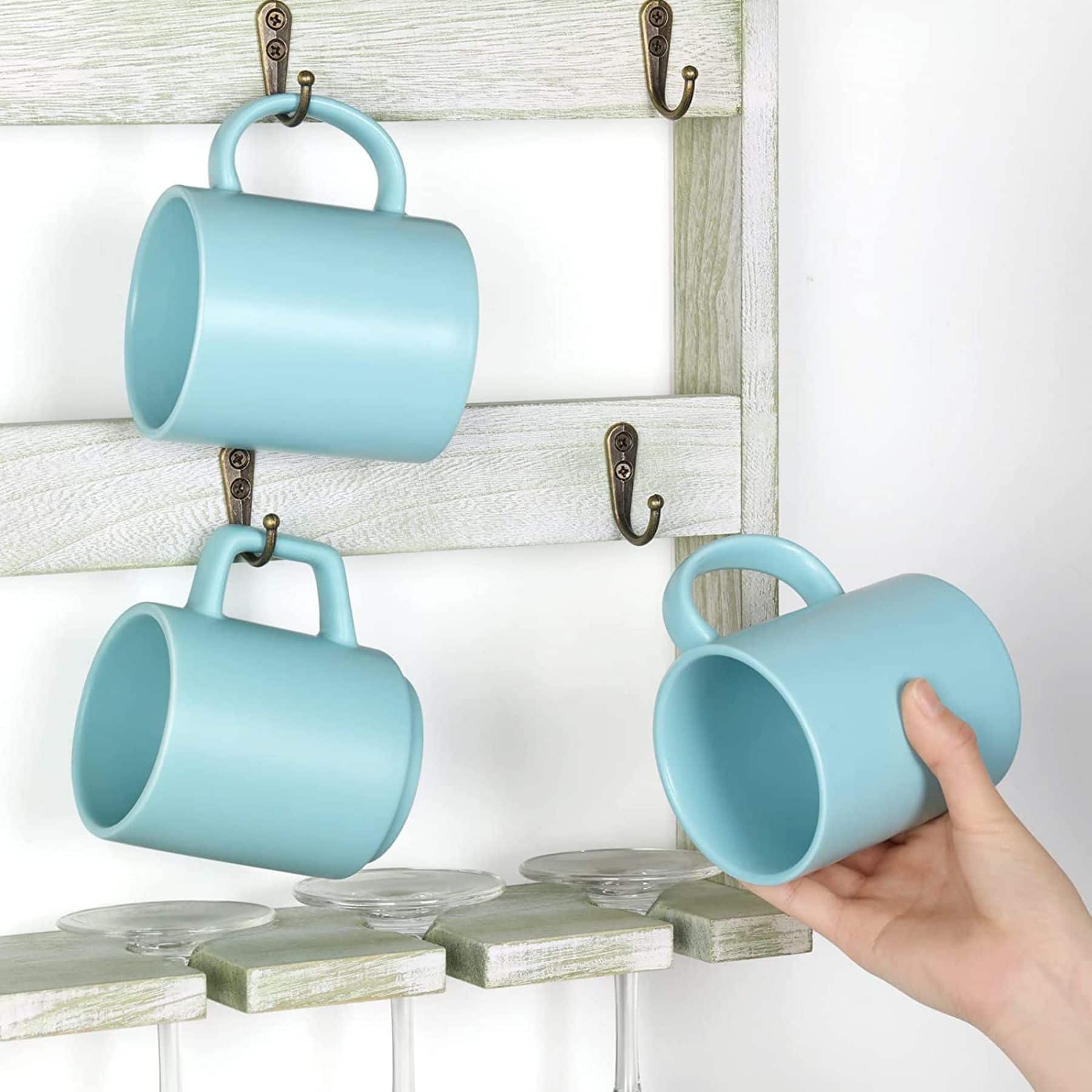 NEX™ 16" Green White Wood Wall-Mounted Coffee Mug Rack