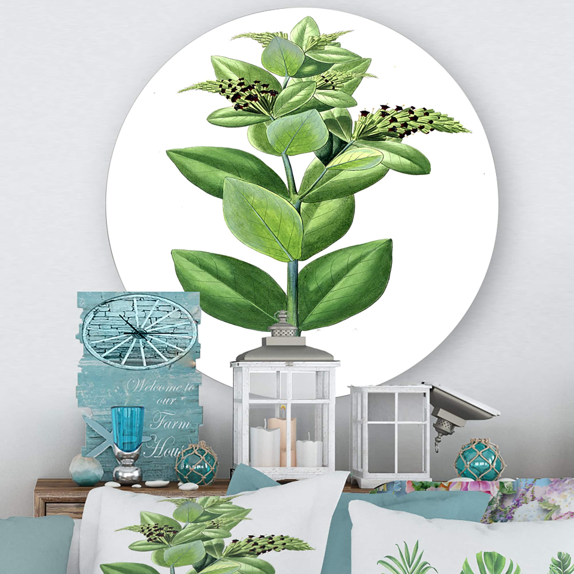 Designart - Vintage Green Leaves Plants VI - Traditional Metal Circle Wall Art