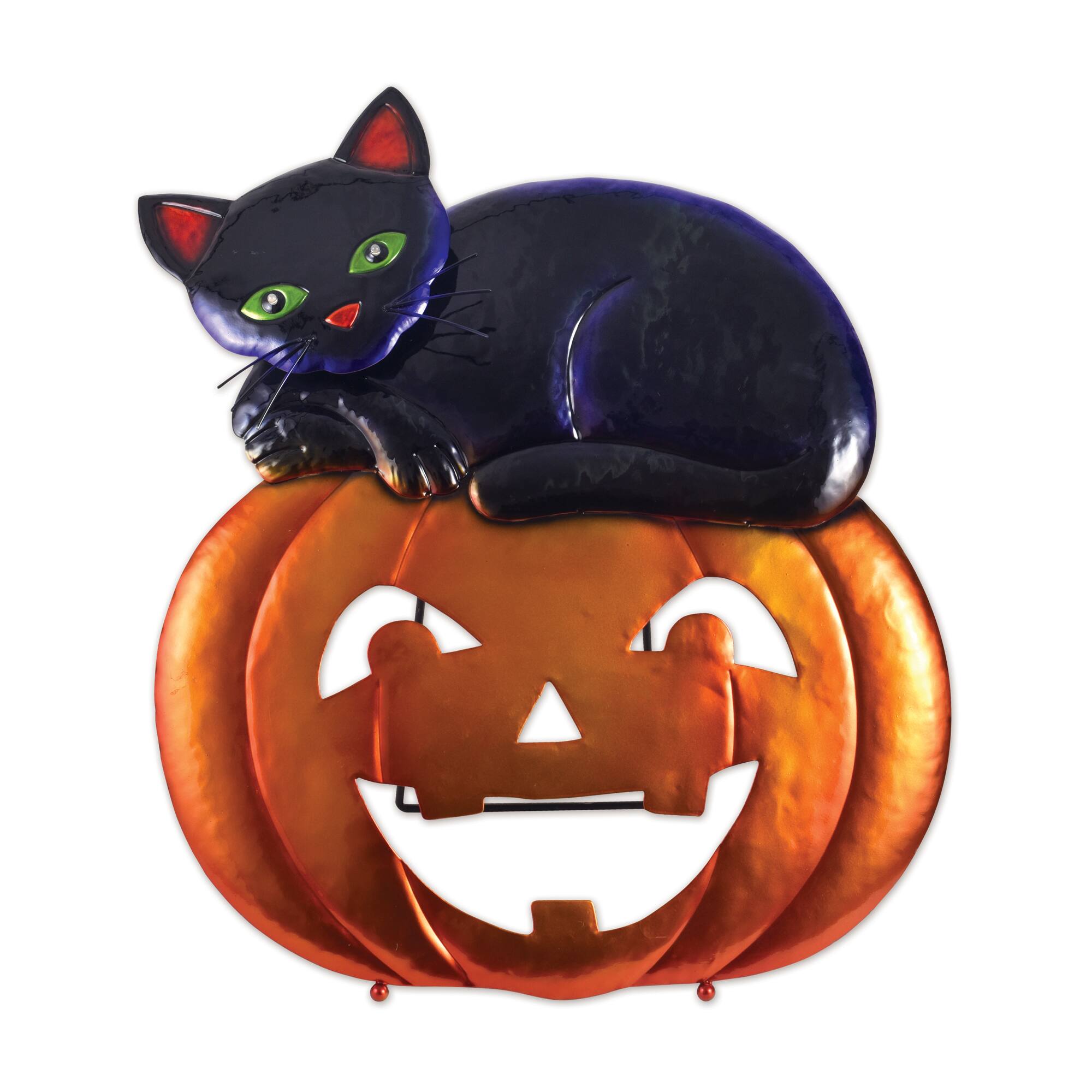 Sunset Vista Designs® 19.25" Whimsical Solar Black Cat & Pumpkin Porch Sitter