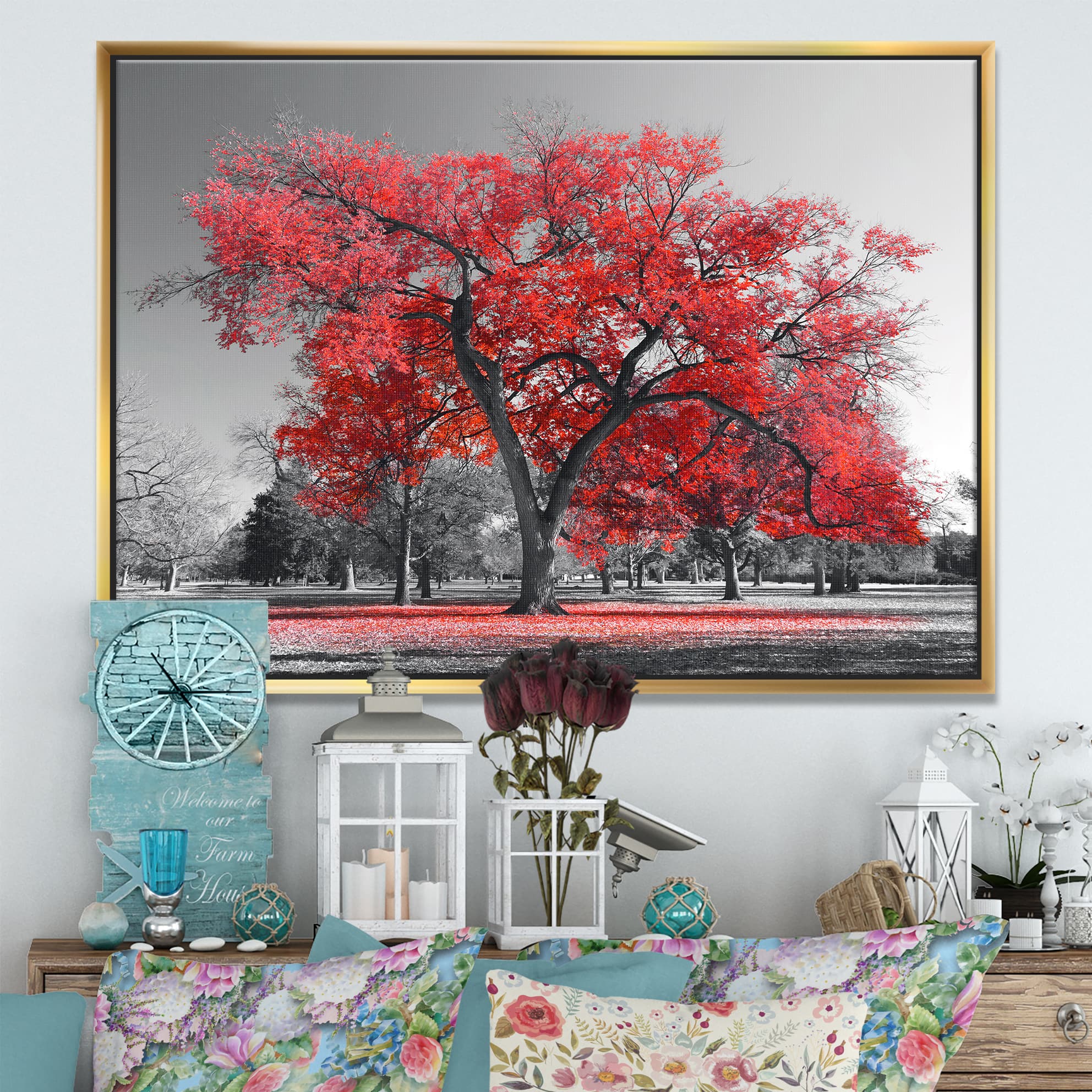 Designart - Big Red Tree on Foggy Day - Landscape Framed Canvas Art Print
